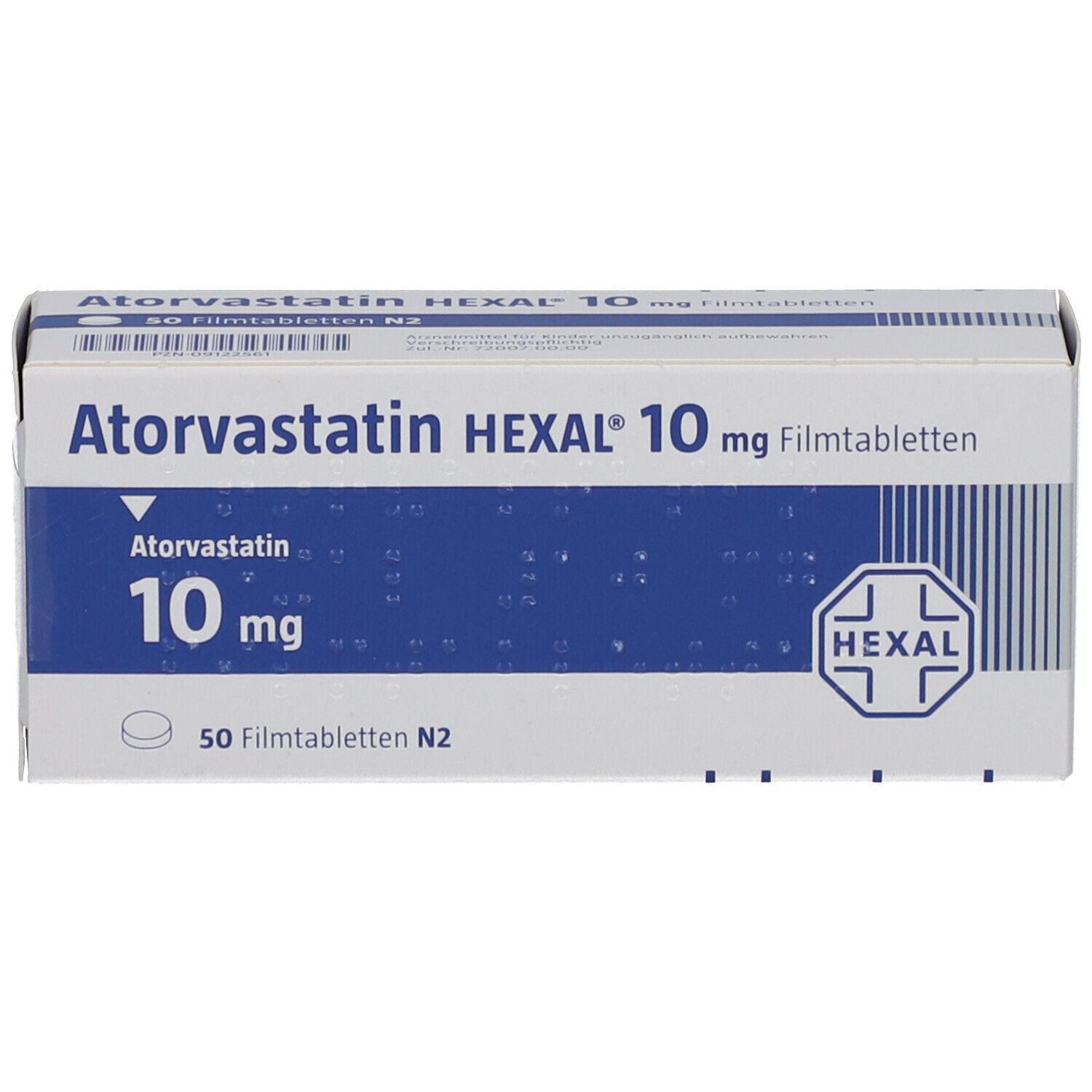 Schachtel mit Atorvastatin HEXAL 10 mg Filmtabletten. Blaue und weiße Verpackung mit Logo und Produktinformationen.