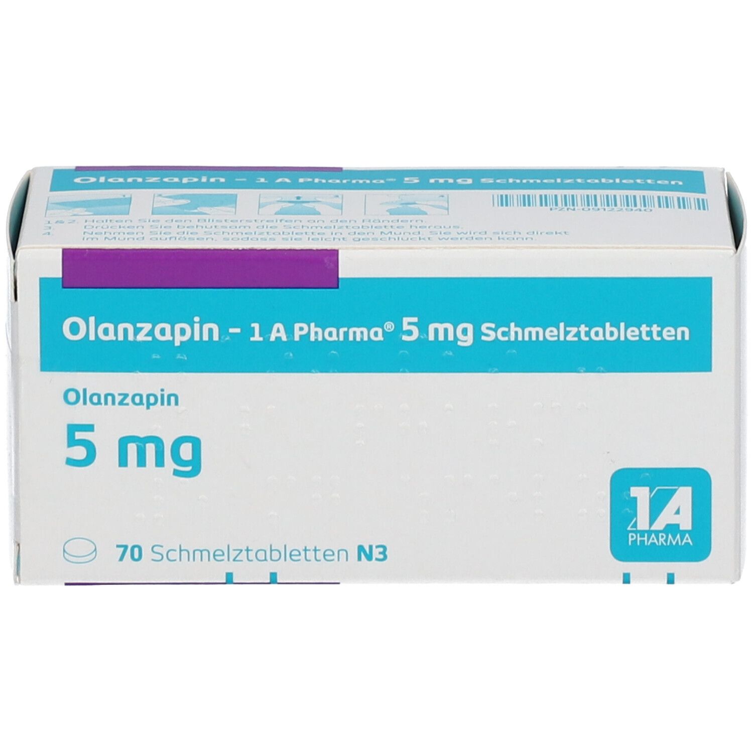 Packung Olanzapin 1A Pharma 5 mg Schmelztabletten, 70 Stück. Vorderansicht.