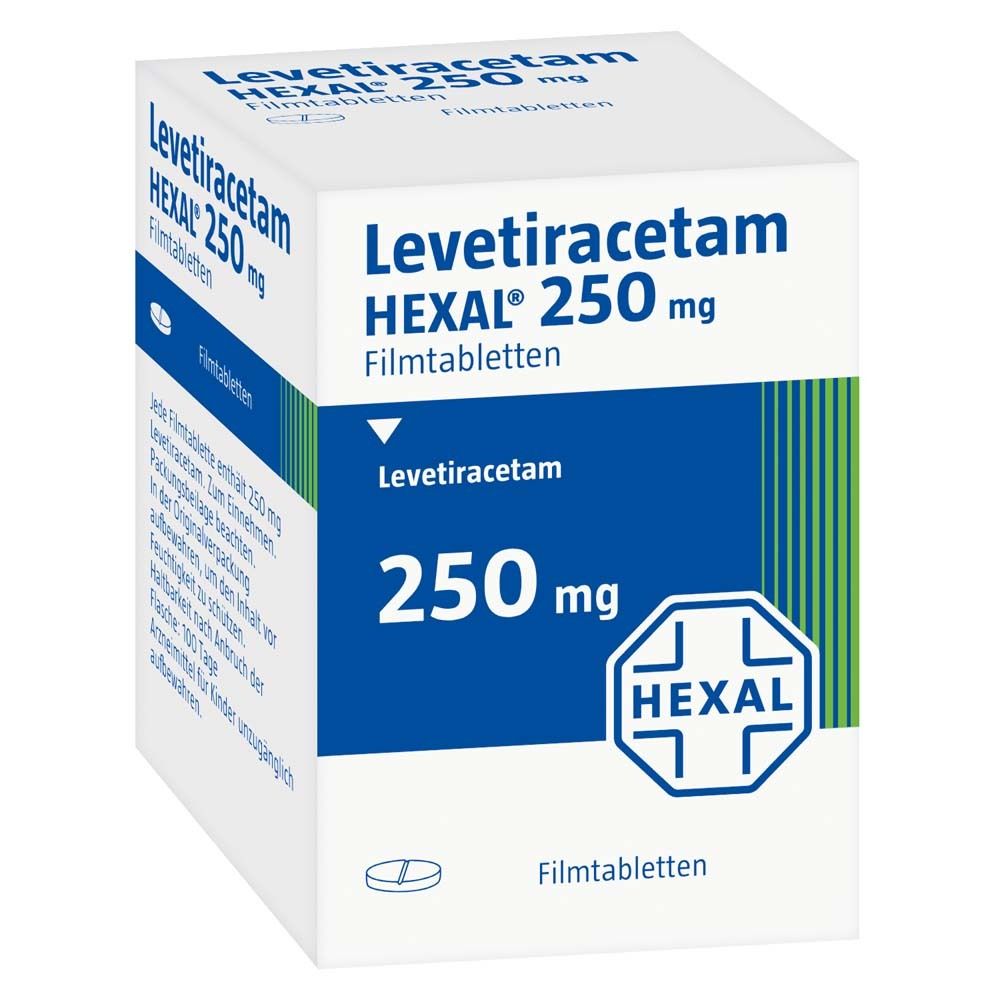 Weiße Schachtel mit LEVETIRACETAM HEXAL 250 mg Filmtabletten. Blaue und grüne Akzente. HEXAL-Logo.