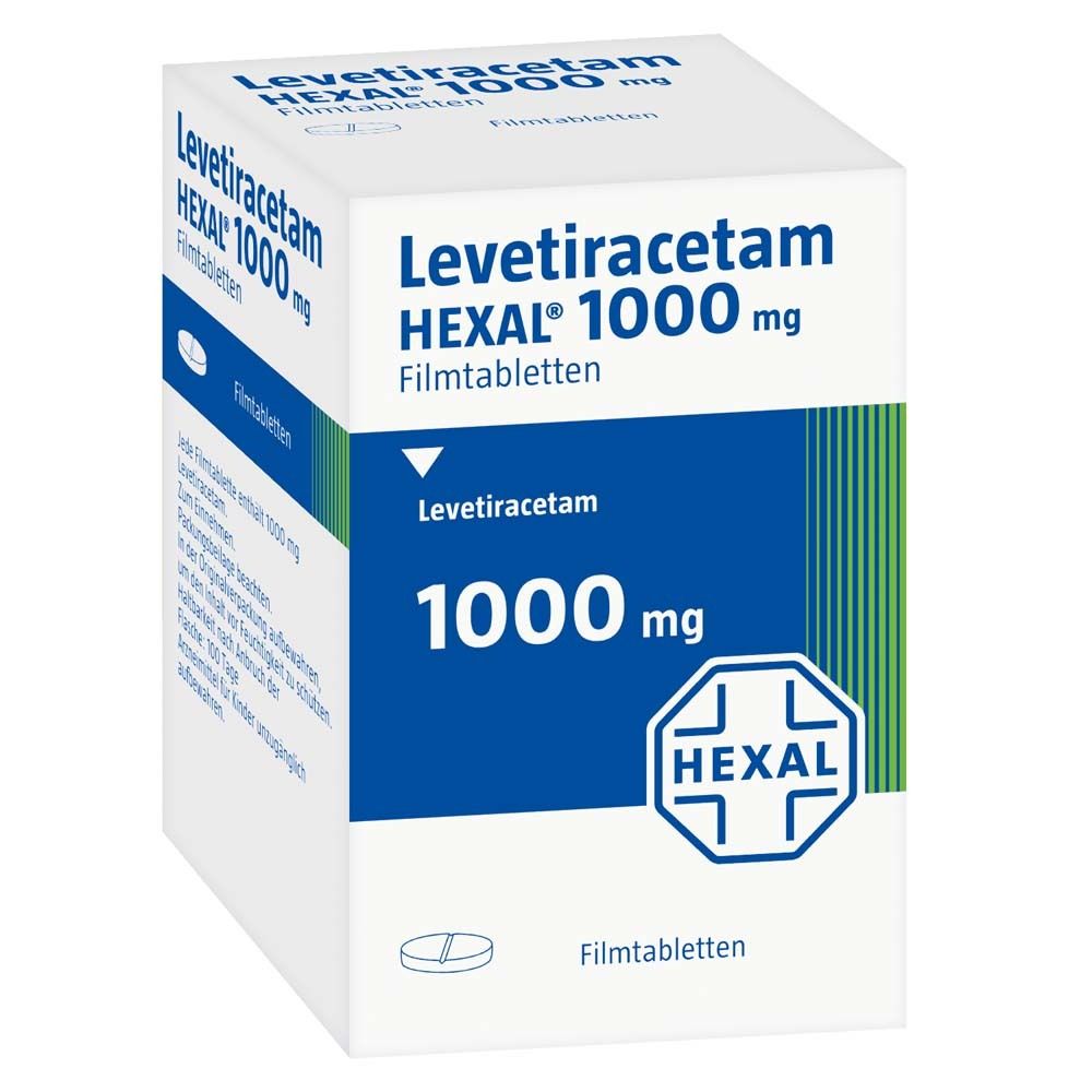 Schachtel mit Levetiracetam HEXAL 1000 mg Filmtabletten. Weiß, blau und grün. HEXAL-Logo.