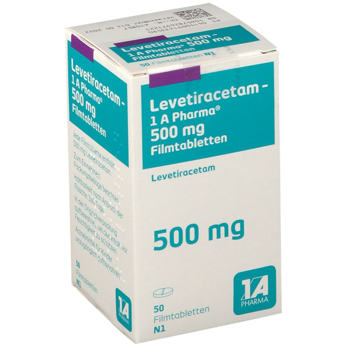 LEVETIRACETAM 1A Pharma 500 mg Filmtabletten Schachtel, 50 Stück.
