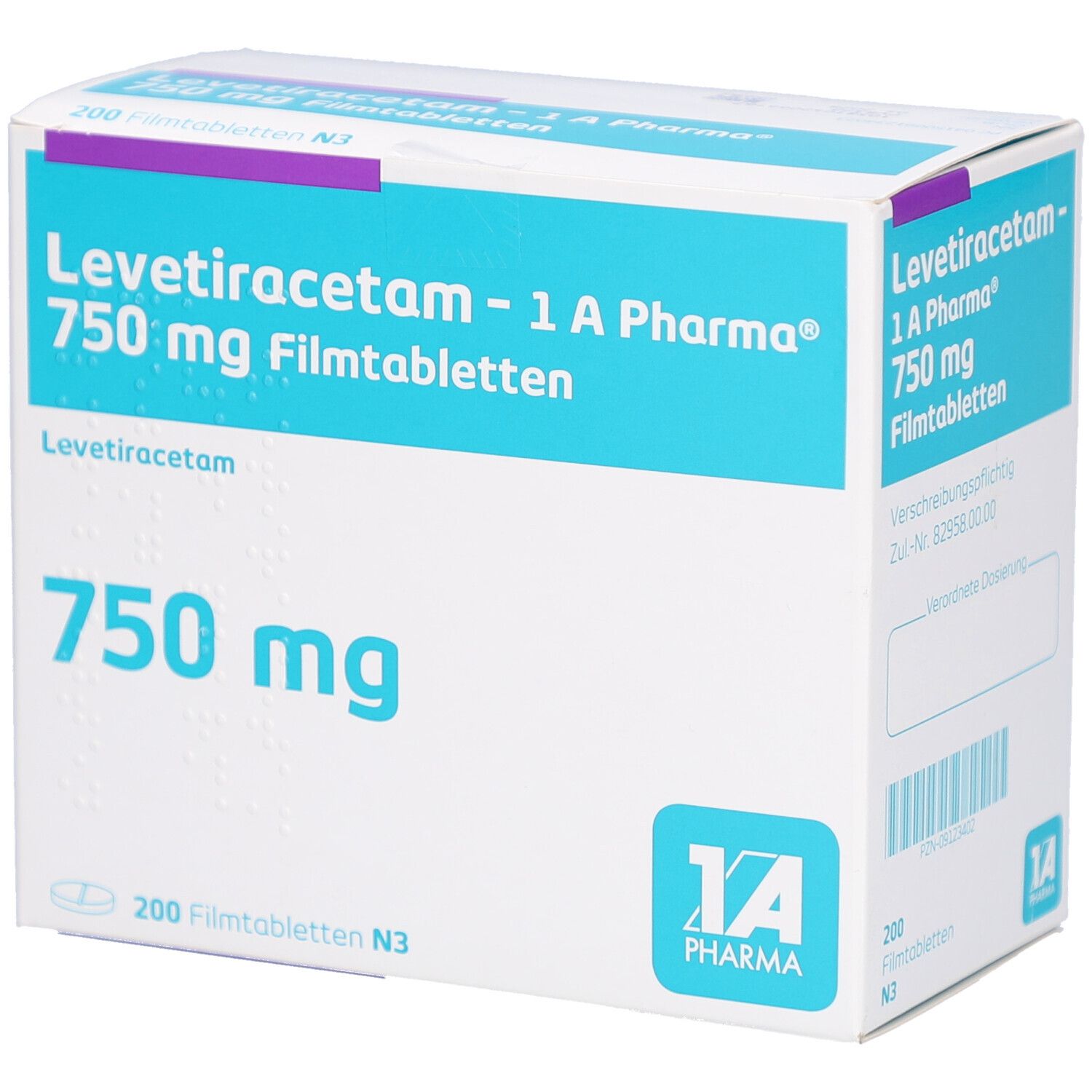 Schachtel mit LEVETIRACETAM - 1 A Pharma 750 mg Filmtabletten. Aufschrift: 750 mg, 200 Filmtabletten N3. Logo 1 A Pharma.