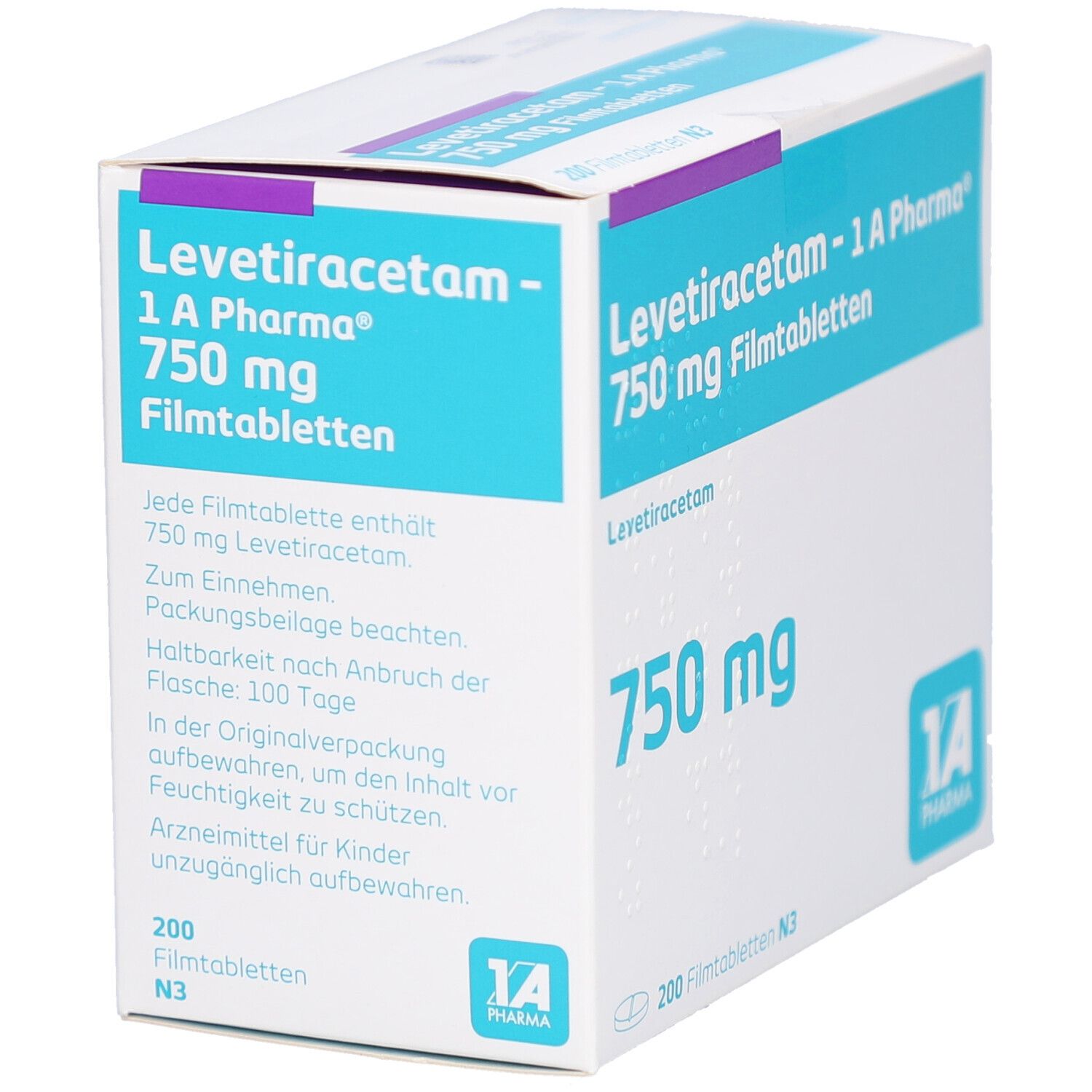 Schachtel LEVETIRACETAM - 1 A Pharma 750 mg Filmtabletten. Text: 750 mg, 200 Filmtabletten N3. Logo 1 A Pharma. Detailansicht der Packungsbeilage.