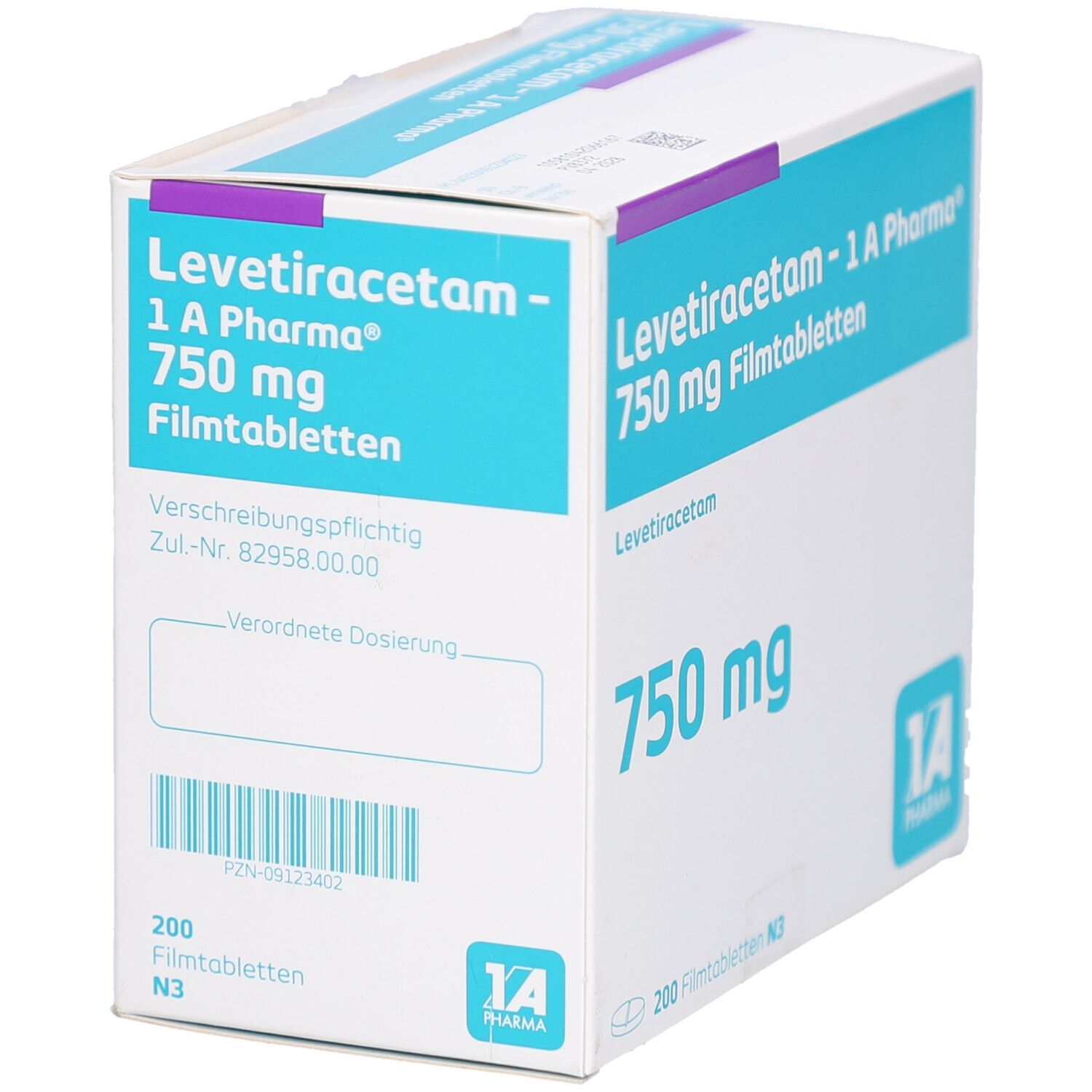 Schachtel LEVETIRACETAM - 1 A Pharma 750 mg Filmtabletten. Aufschrift: 750 mg, 200 Filmtabletten N3. Logo 1 A Pharma. Barcode und weitere Angaben.
