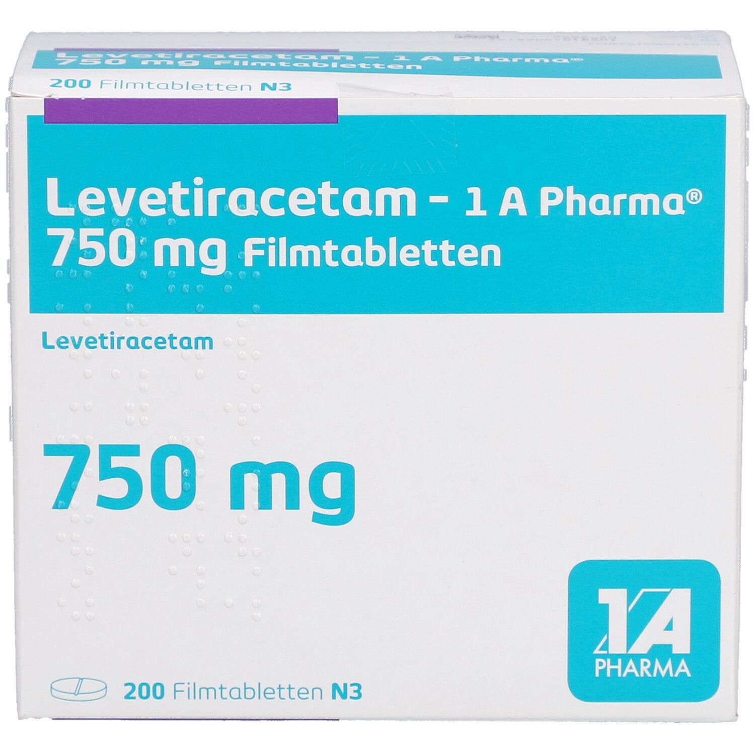 Schachtel LEVETIRACETAM - 1 A Pharma 750 mg Filmtabletten. Aufschrift: 750 mg, 200 Filmtabletten N3. Logo 1 A Pharma. Ansicht der Vorderseite.