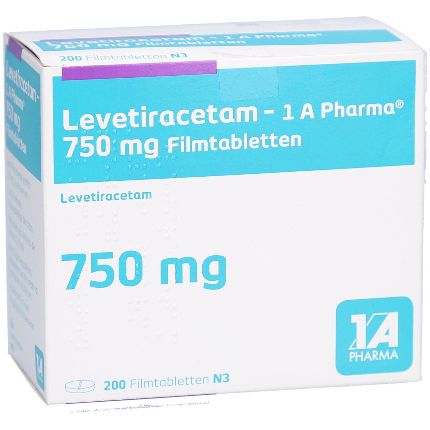 Schachtel LEVETIRACETAM - 1 A Pharma 750 mg Filmtabletten. Aufschrift: 750 mg, 200 Filmtabletten N3. Logo 1 A Pharma. Ansicht der Vorderseite.