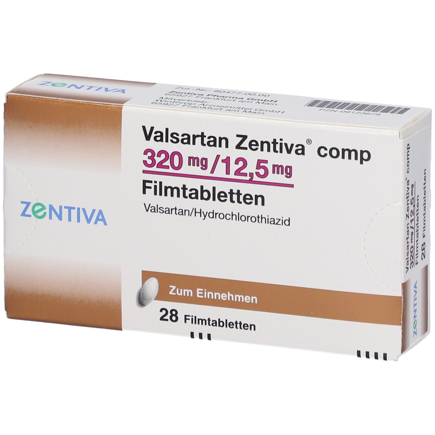 Verpackung von Valsartan Zentiva comp. 320 mg/12,5 mg Filmtabletten. 28 Tabletten. Marke Zentiva. Ansicht von oben.
