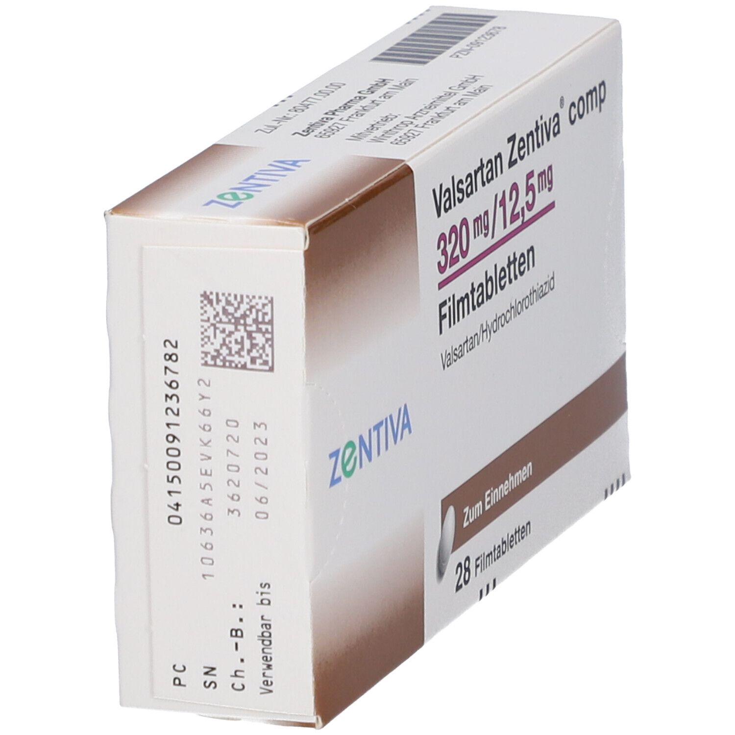 Schachtel Valsartan Zentiva comp. 320 mg/12,5 mg Filmtabletten. 28 Tabletten. Marke Zentiva. Seitenansicht mit Chargennummer und Verfallsdatum.