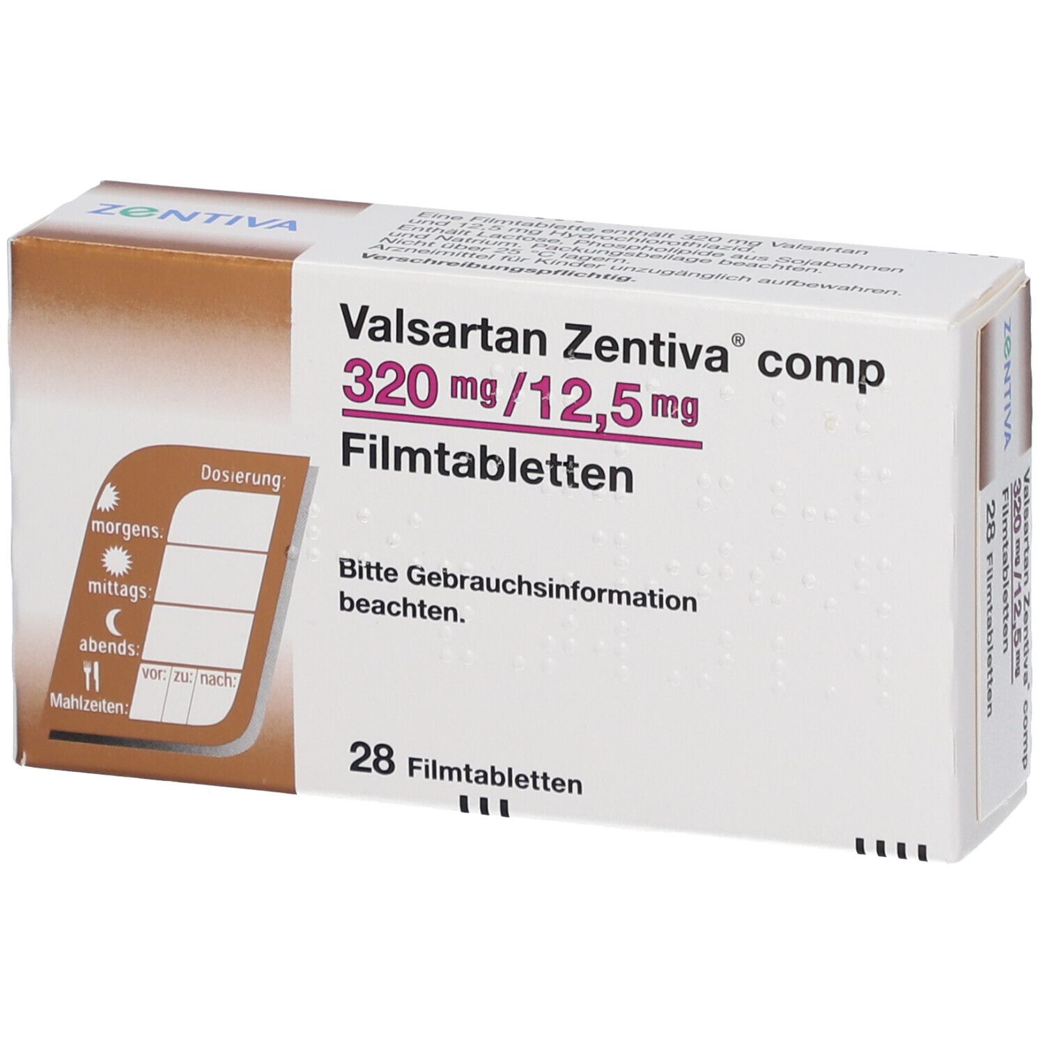 Verpackung von Valsartan Zentiva comp. 320 mg/12,5 mg Filmtabletten. 28 Tabletten. Marke Zentiva. Ansicht mit Dosierungsanleitung.