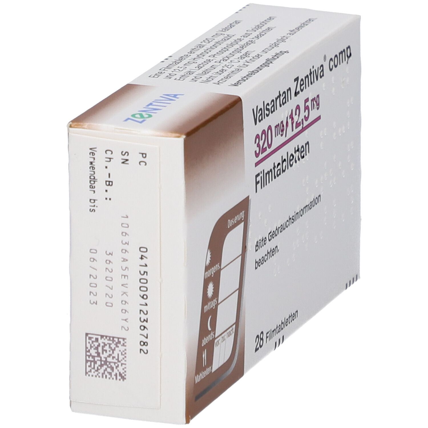 Schachtel Valsartan Zentiva comp. 320 mg/12,5 mg Filmtabletten. 28 Tabletten. Marke Zentiva. Seitenansicht mit Chargennummer und Verfallsdatum.