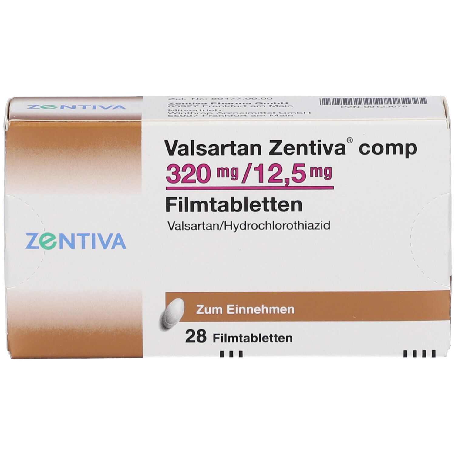 Verpackung von Valsartan Zentiva comp. 320 mg/12,5 mg Filmtabletten. 28 Tabletten. Marke Zentiva. Ansicht von vorne.