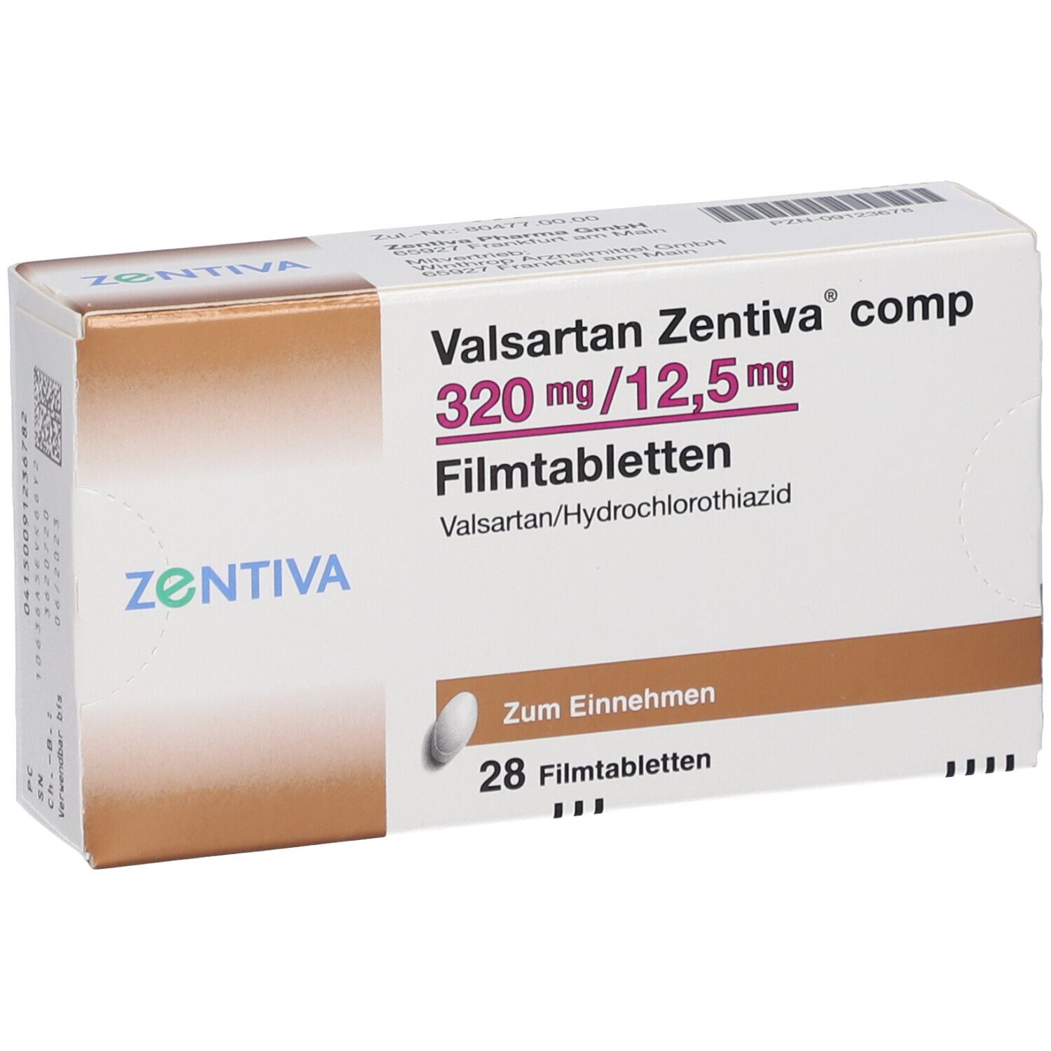 Verpackung von Valsartan Zentiva comp. 320 mg/12,5 mg Filmtabletten. 28 Tabletten. Marke Zentiva. Ansicht von vorne.