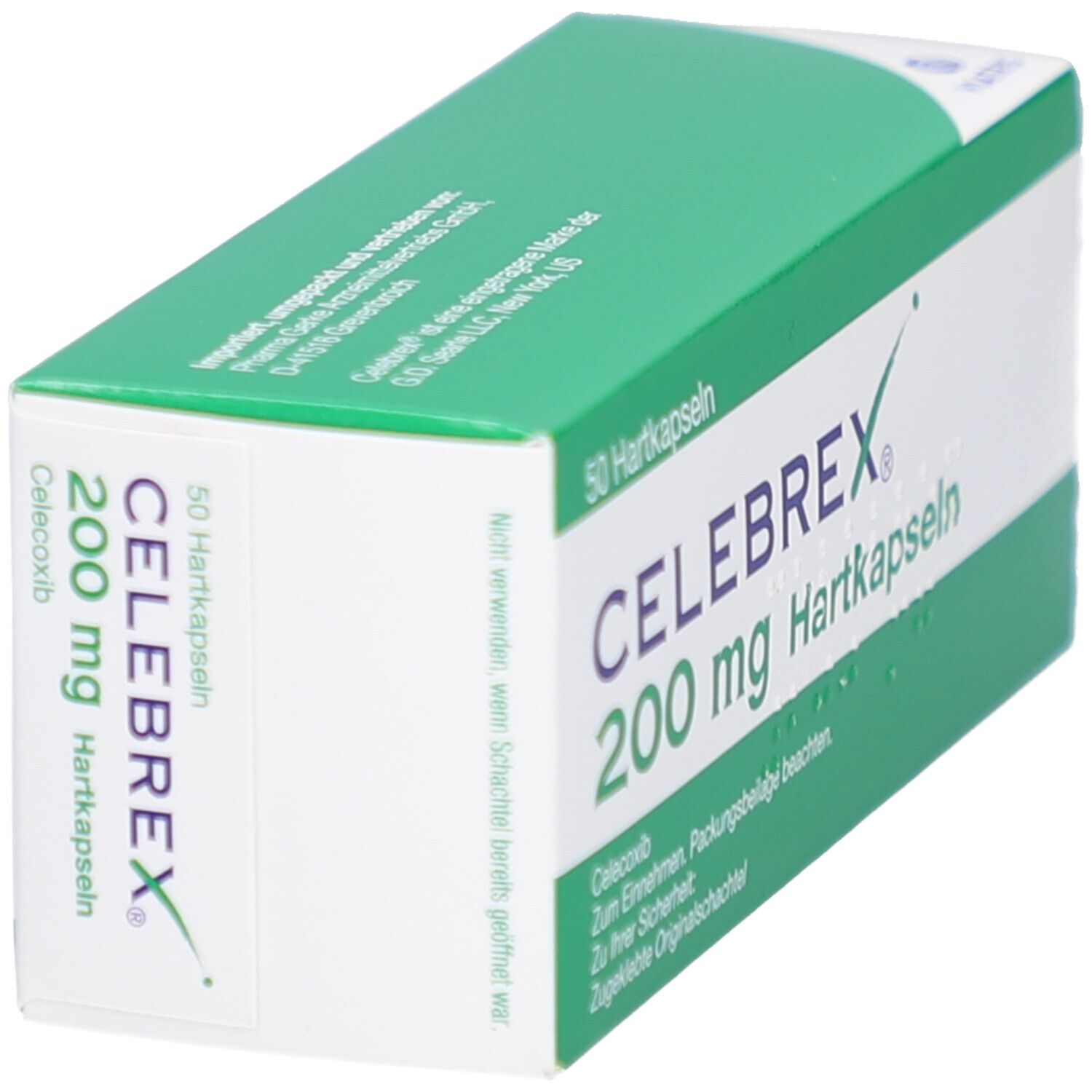 Schachtel Celebrex 200 mg Hartkapseln, grün-weiß. 50 Kapseln. Viatris Logo. Schräge Ansicht.