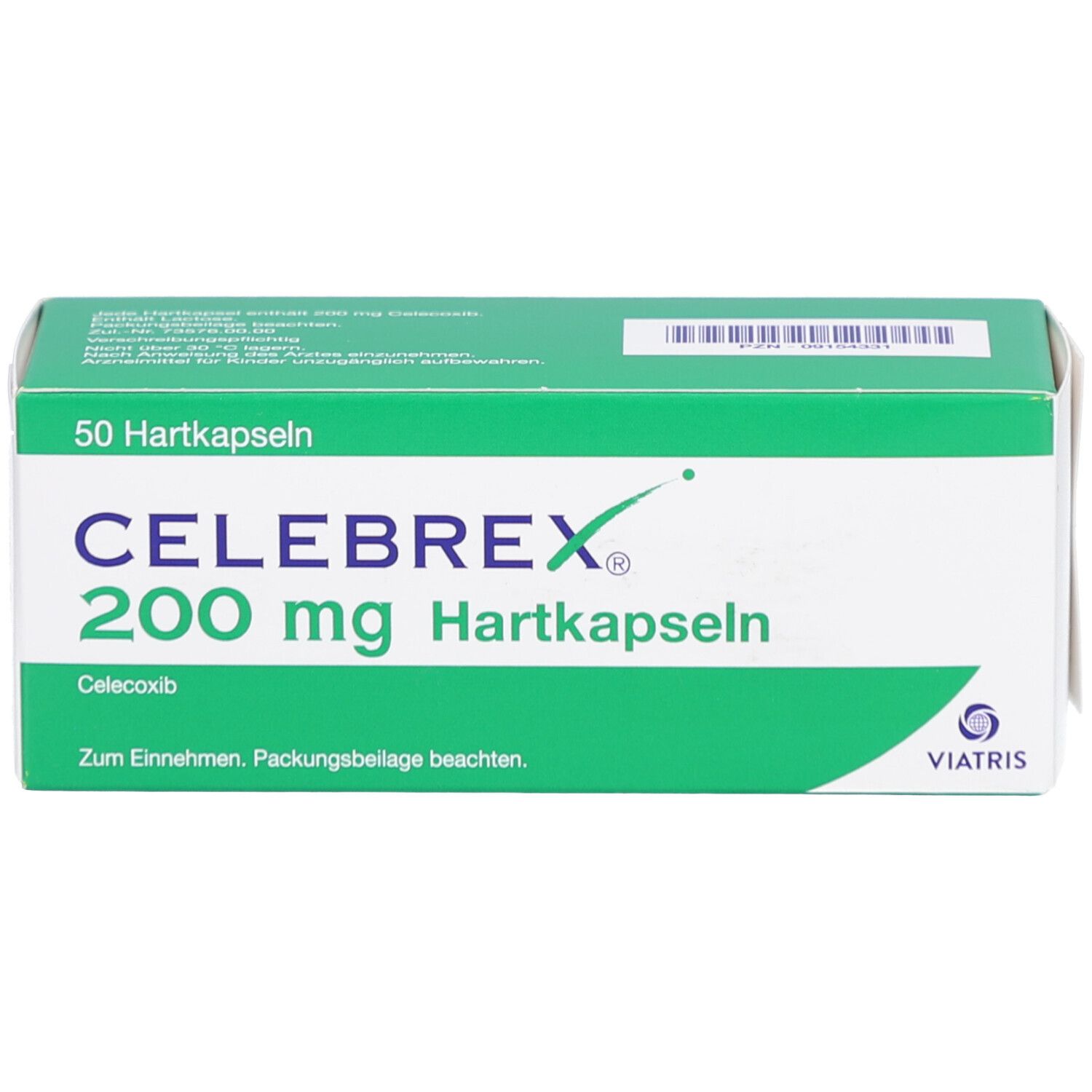 Grüne und weiße Schachtel mit Celebrex 200 mg Hartkapseln. 50 Kapseln. Viatris Logo.