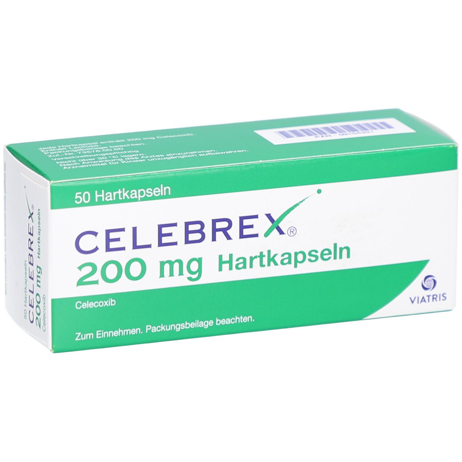 Grüne und weiße Schachtel mit Celebrex 200 mg Hartkapseln. 50 Kapseln. Viatris Logo.