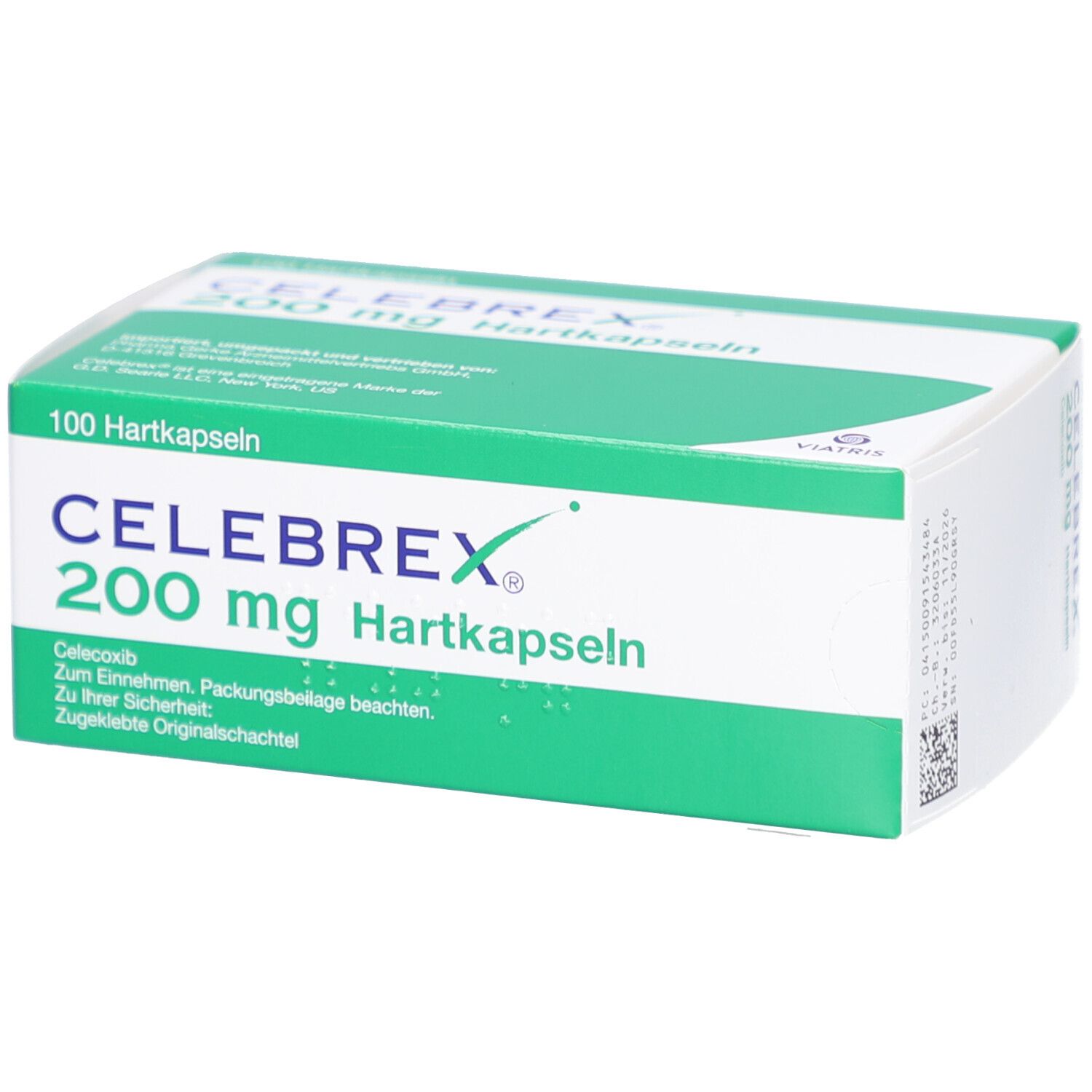 Schachtel mit Celebrex 200 mg Hartkapseln. Grün-weiße Verpackung mit Produktnamen und Dosierung. 100 Kapseln.