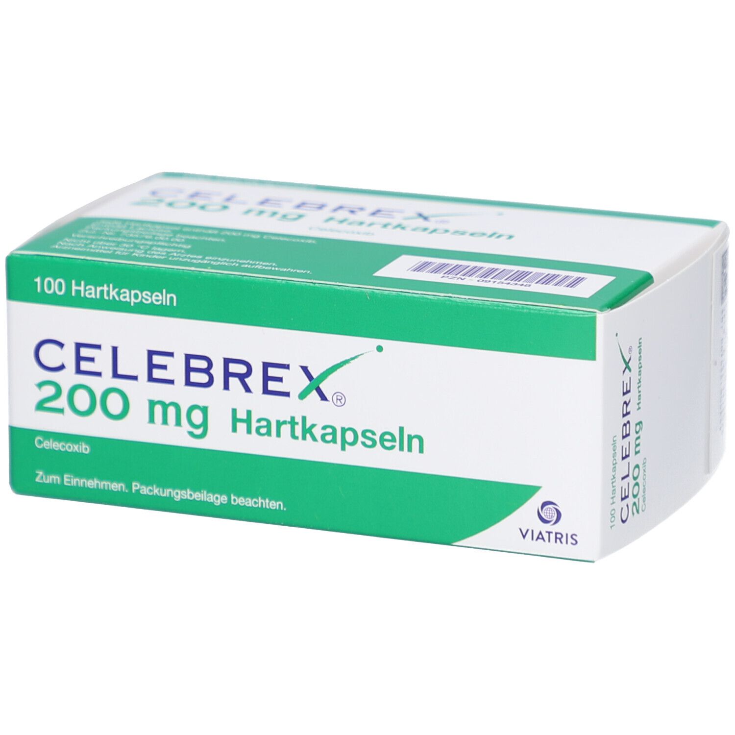 Schachtel Celebrex 200 mg Hartkapseln. Grün-weiße Verpackung mit Produktnamen und Dosierung. 100 Kapseln.