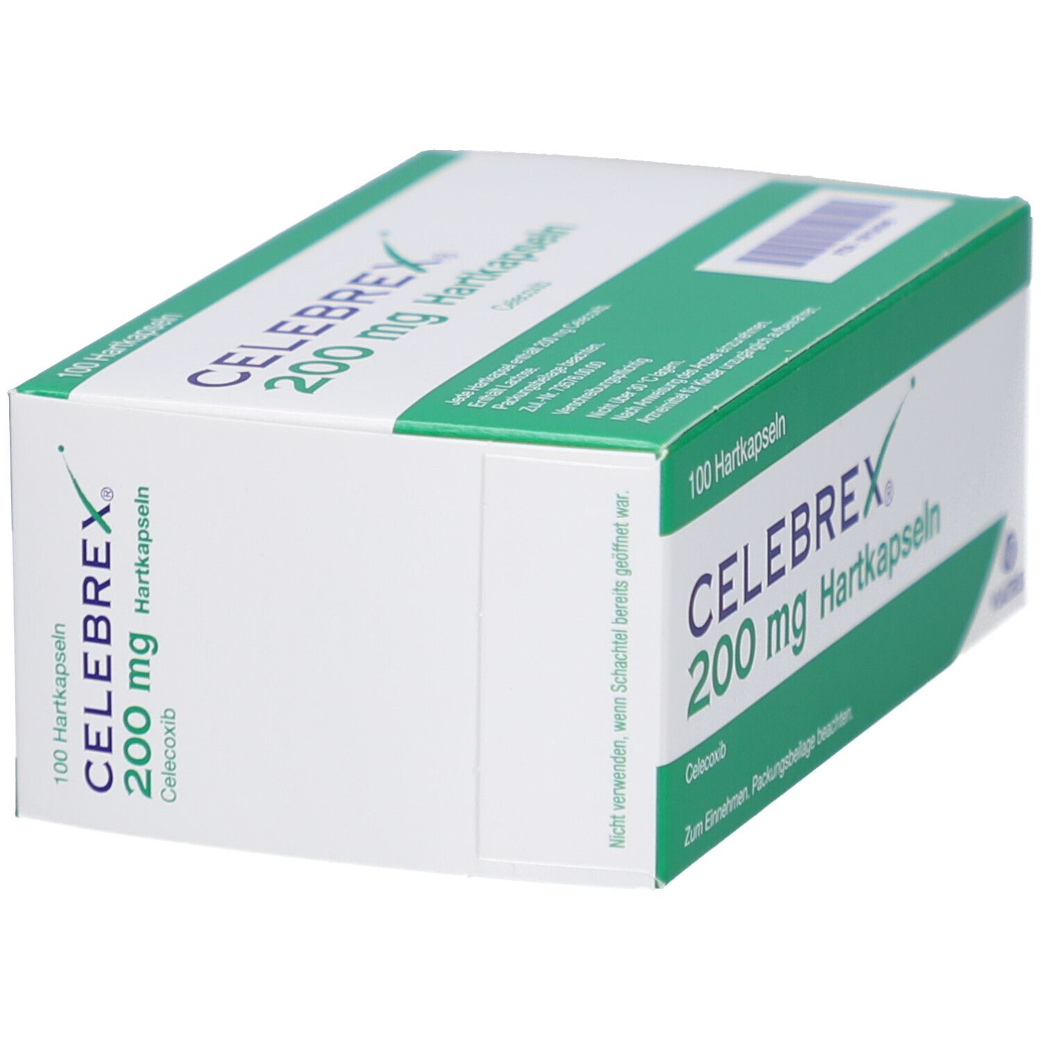 Schachtel Celebrex 200 mg Hartkapseln. Grün-weiße Verpackung. Produktname und Dosierung deutlich sichtbar. 100 Kapseln.