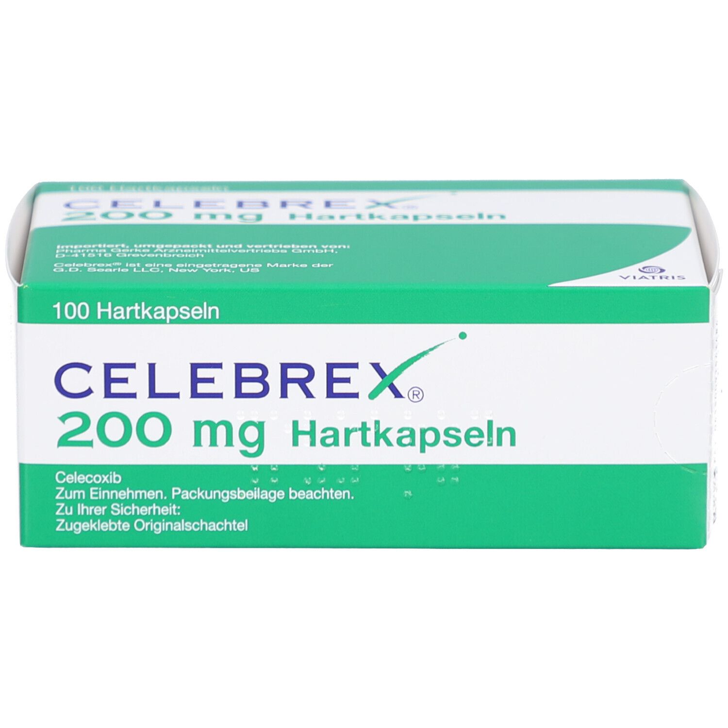 Schachtel Celebrex 200 mg Hartkapseln. Grün-weiße Verpackung mit Produktnamen und Dosierung. 100 Kapseln.