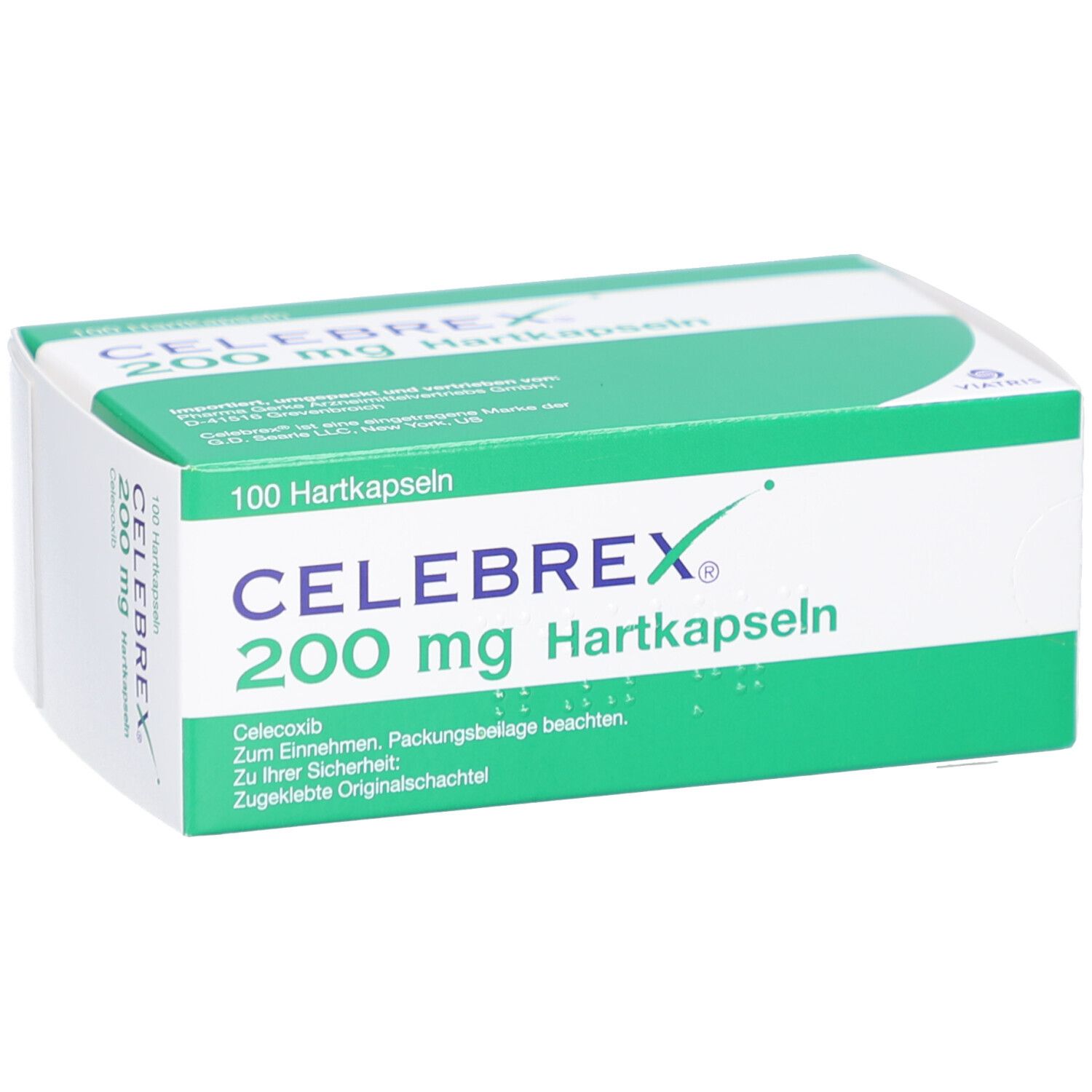 Schachtel Celebrex 200 mg Hartkapseln. Grün-weiße Verpackung mit Produktnamen und Dosierung. 100 Kapseln.