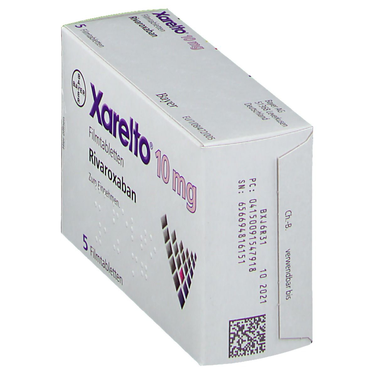 Schachtel Xarelto 10 mg, schräg. Weiß mit lila Schrift. Enthält 5 Tabletten. Bayer-Logo. Verfallsdatum.