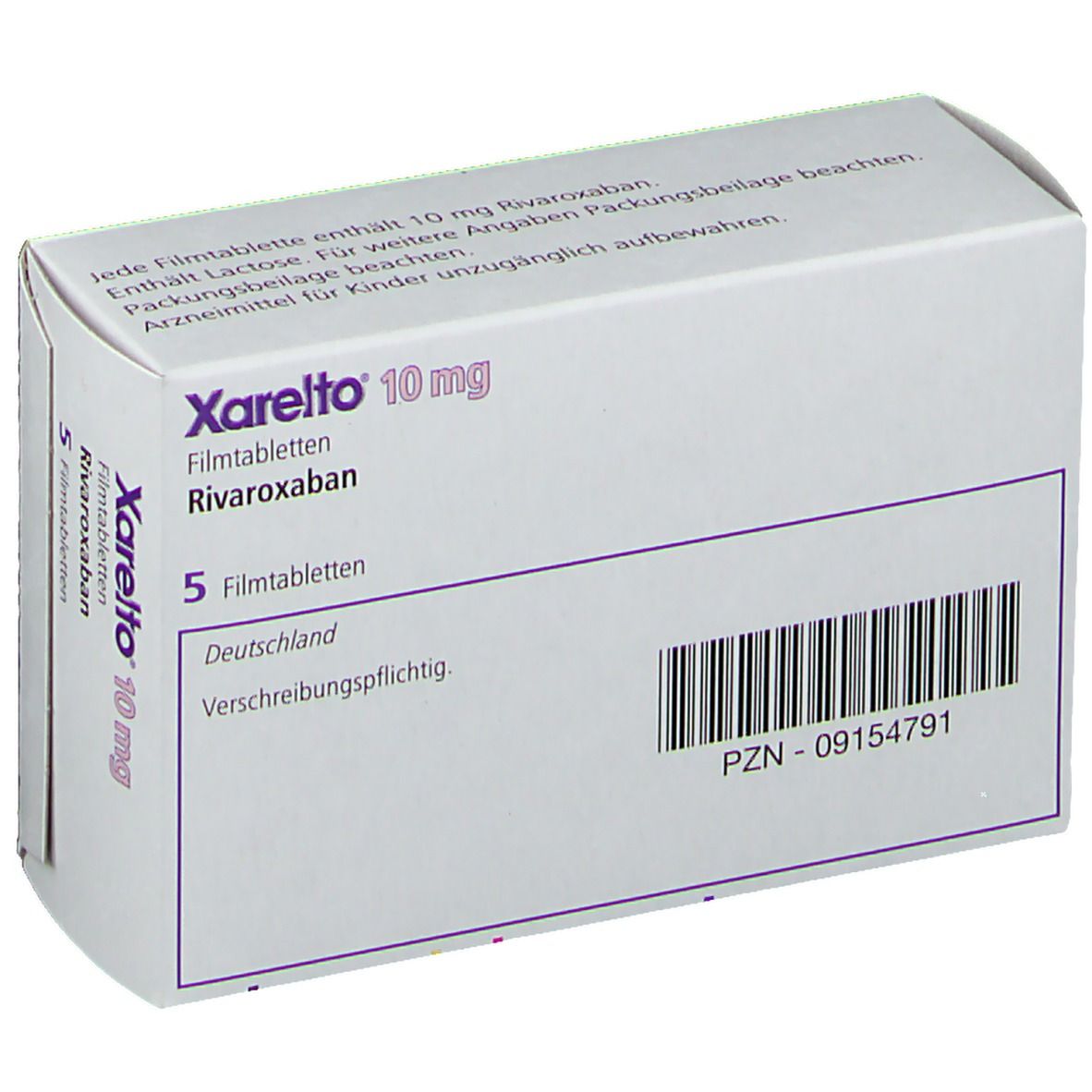 Schachtel Xarelto 10 mg Filmtabletten. Weiß, mit lila Schrift. Enthält 5 Tabletten. PZN-Nummer und Barcode.