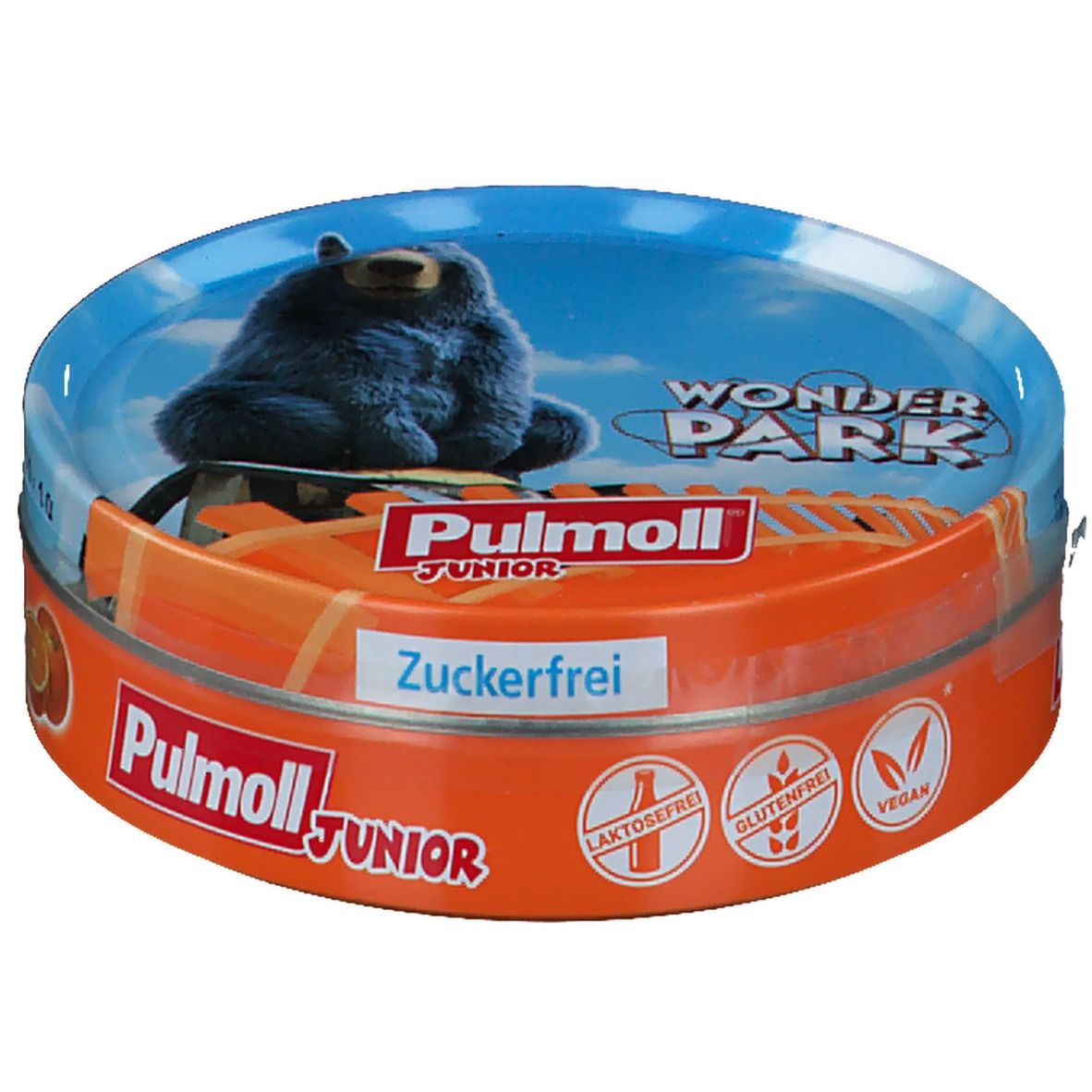 Runde Dose mit Pulmoll Junior Hustenbonbons. Orange zuckerfrei. Aufschrift: Zuckerfrei, laktosefrei, glutenfrei, vegan. Motiv: Bär.