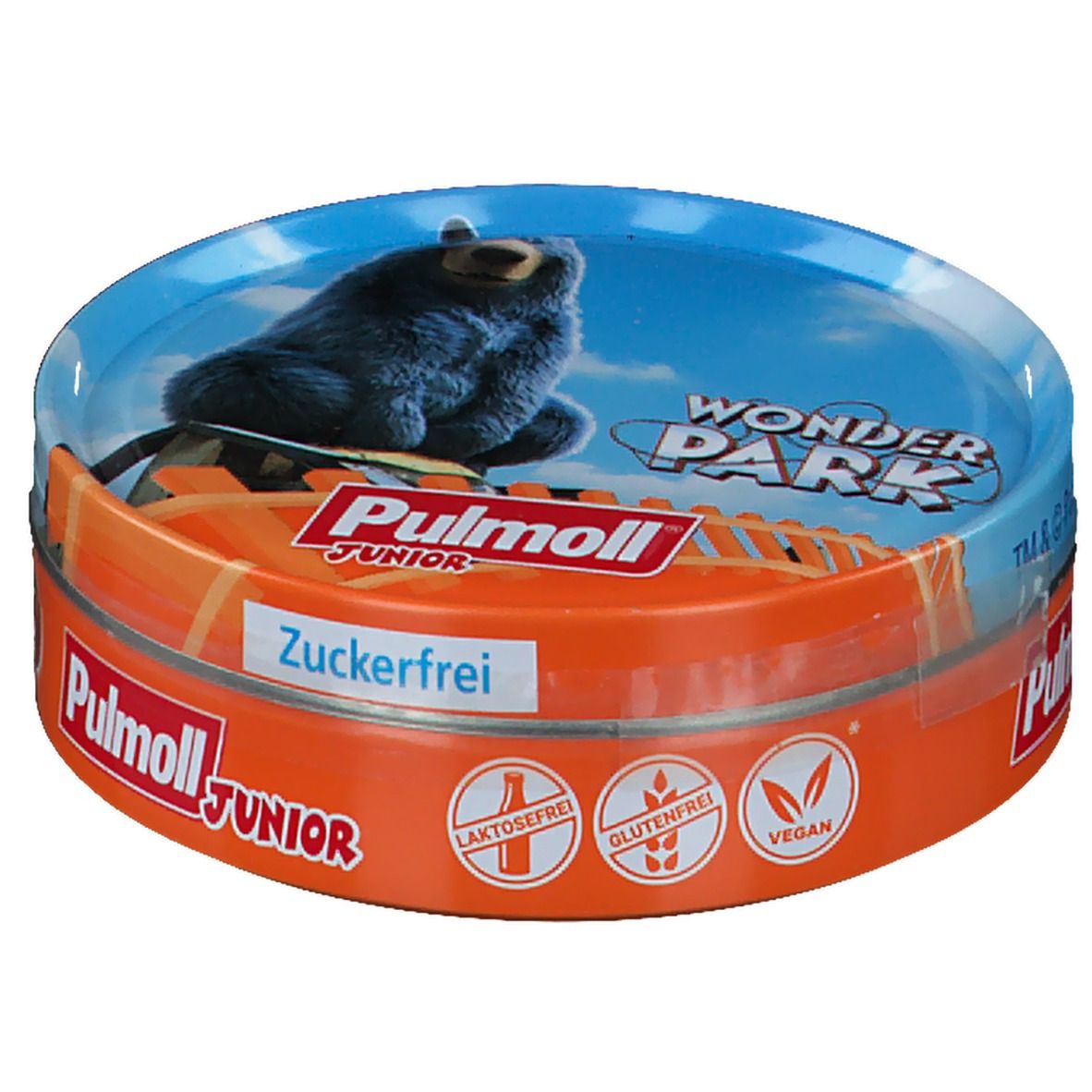 Runde Dose mit Pulmoll Junior Hustenbonbons. Orange zuckerfrei. Aufschrift: Zuckerfrei, laktosefrei, glutenfrei, vegan. Motiv: Bär.