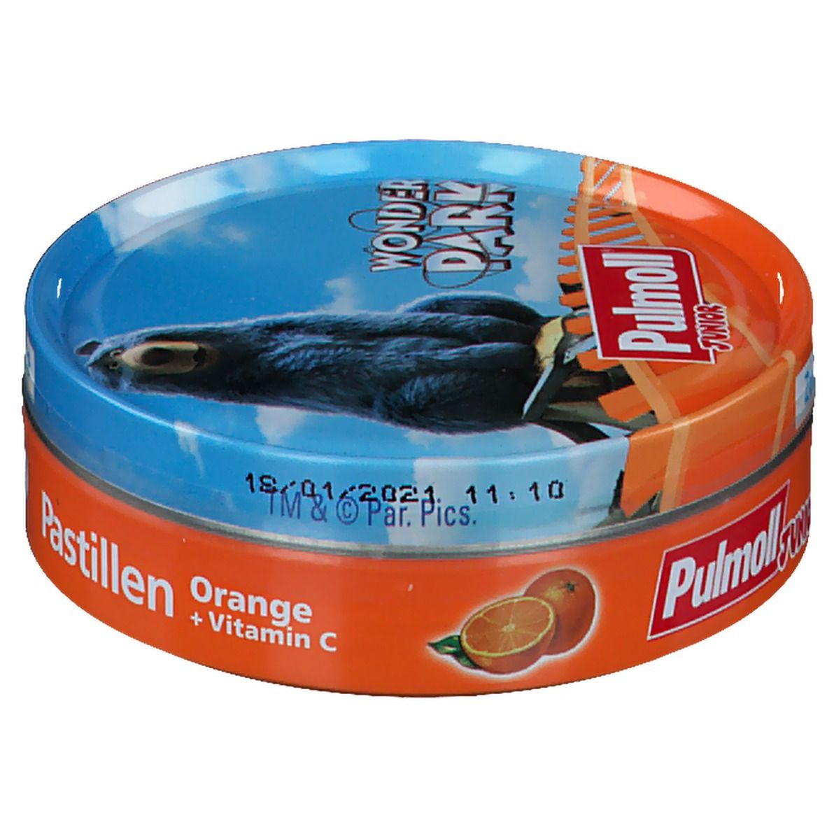 Runde Dose Pulmoll Junior Hustenbonbons. Orange + Vitamin C. Aufschrift: Pastillen, TM & © Par. Pics. Motiv: Vogel. Mit Datum.