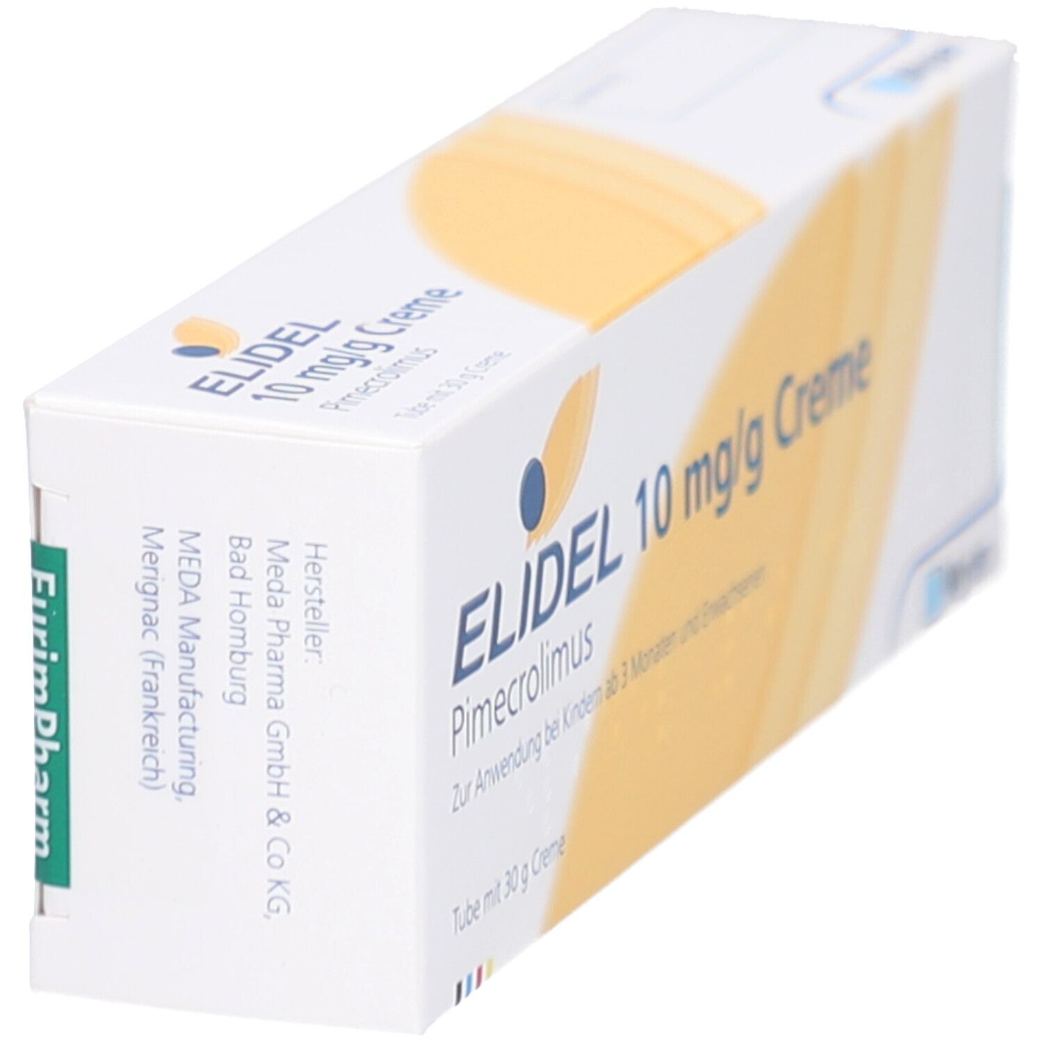 Weiße Faltschachtel mit gelben Akzenten. Aufschrift: ELIDEL 10 mg/g Creme. Herstellerinformationen und Logo EurimPharm.