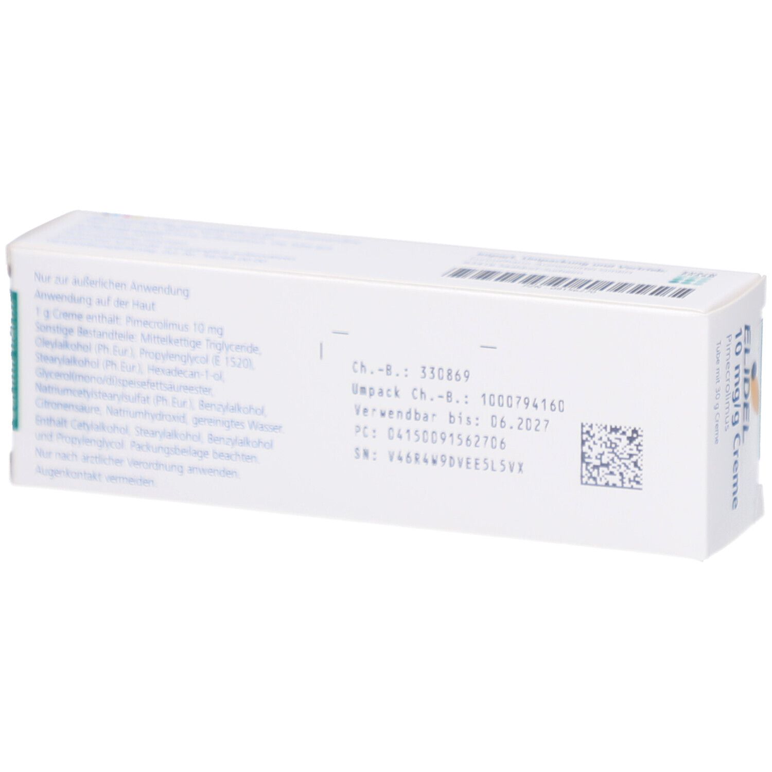 Rückseite der weißen Faltschachtel. Text mit Inhaltsstoffen und Chargennummer. QR-Code und Verfallsdatum.