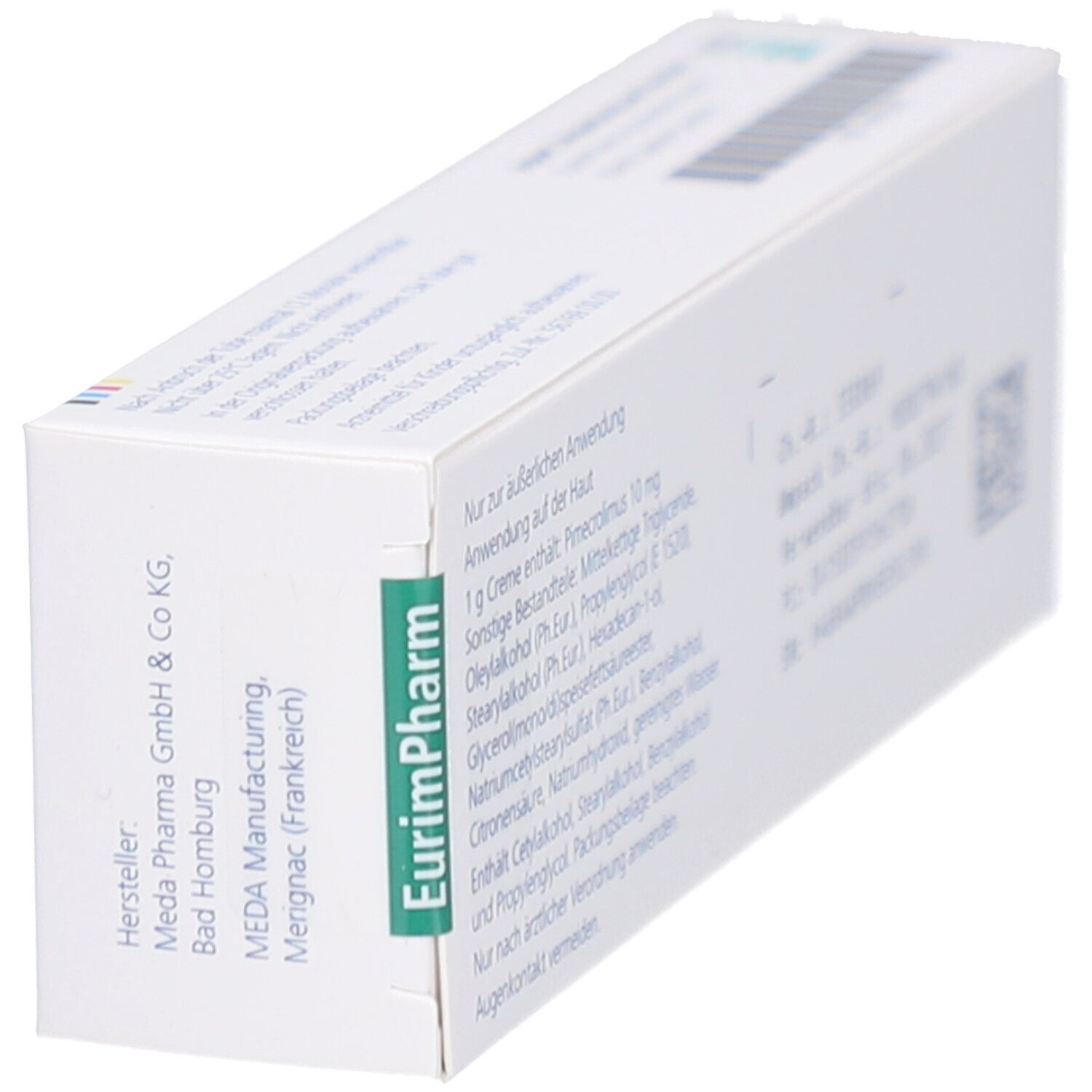Weiße Faltschachtel, Seitenansicht. Herstellerinformationen und Logo EurimPharm. Text über Anwendung.