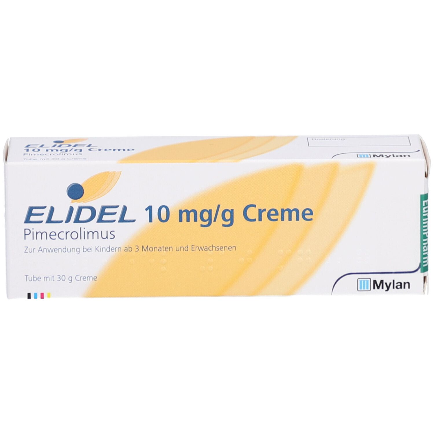 Weiße Faltschachtel mit gelben Akzenten. Aufschrift: ELIDEL 10 mg/g Creme. Logo Mylan. Text für Kinder und Erwachsene.