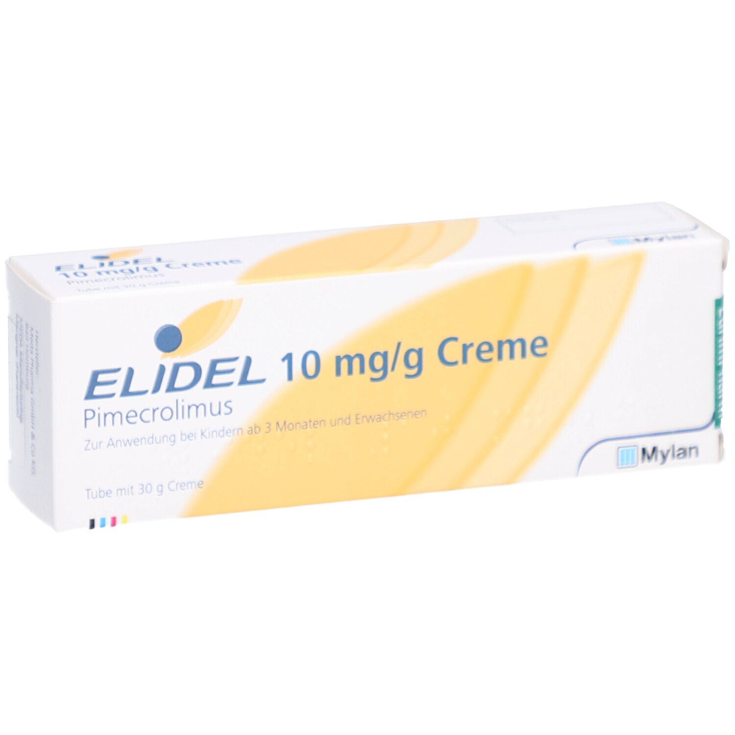 Weiße Faltschachtel mit gelben Akzenten. Aufschrift: ELIDEL 10 mg/g Creme. Logo Mylan. Text für Kinder und Erwachsene.
