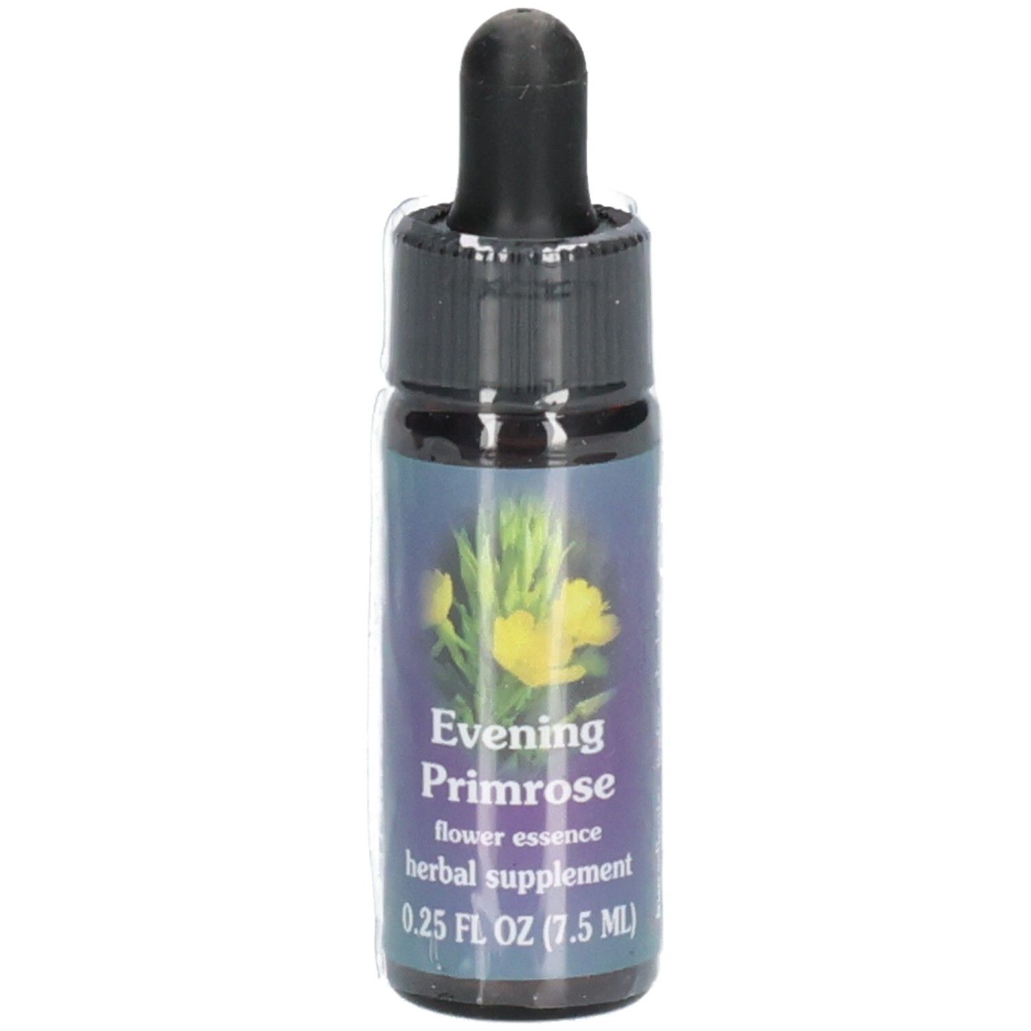 Braunglasflasche mit schwarzem Verschluss und Pipette. Etikett mit Produktname, floraler Abbildung und Volumenangabe.