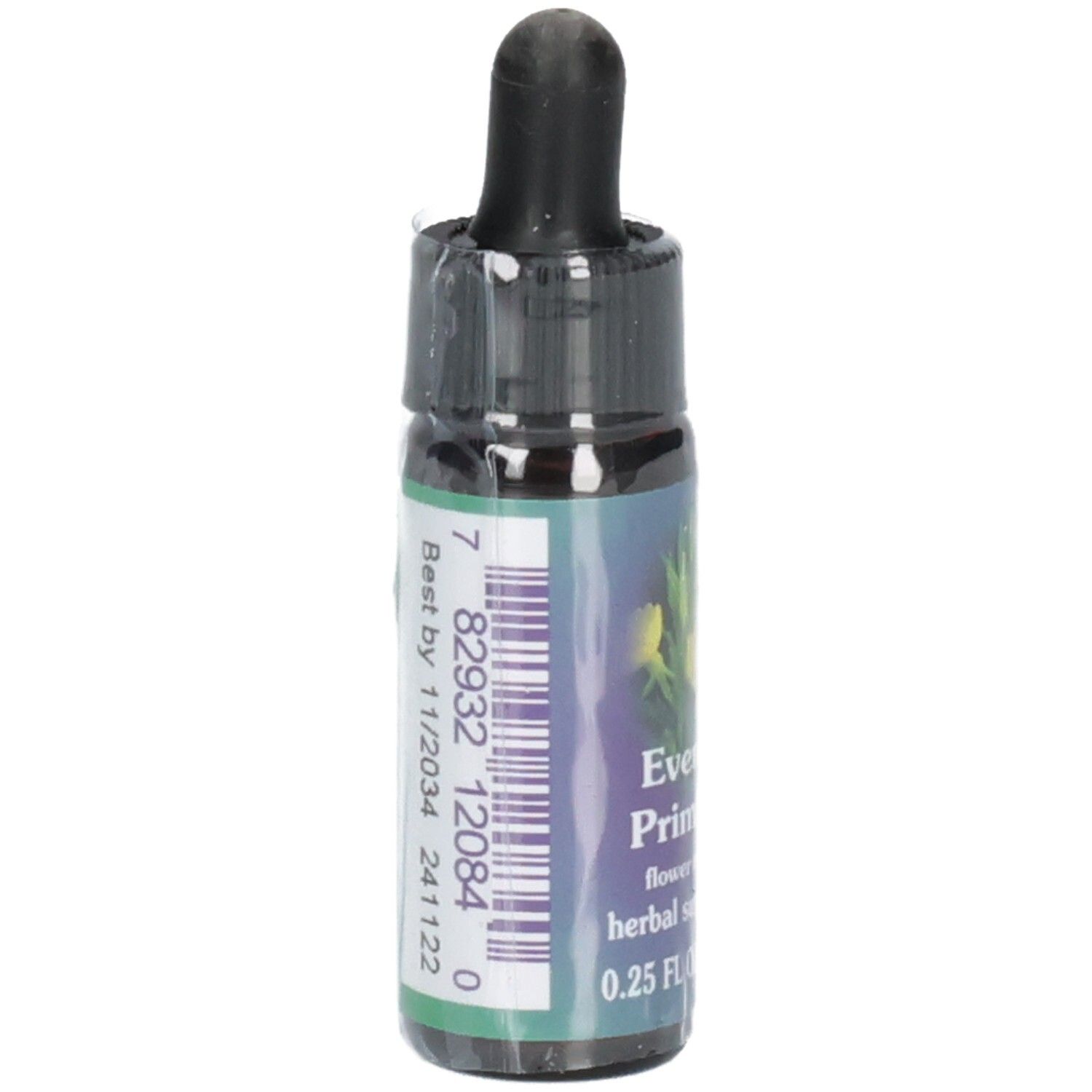Braunglasflasche mit schwarzem Verschluss und Pipette. Etikett mit Produktname, floraler Abbildung, Barcode und Verfallsdatum.