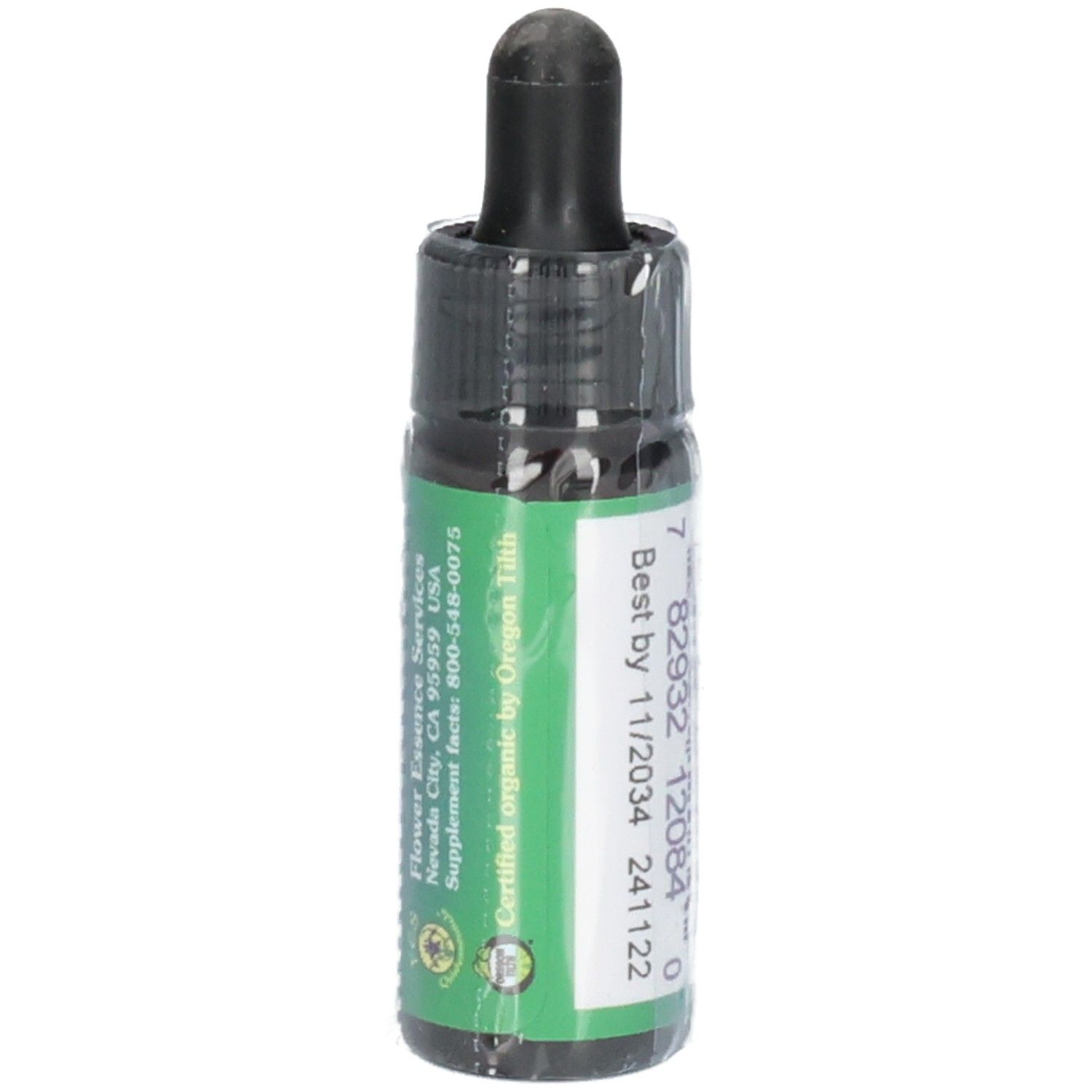 Braunglasflasche mit schwarzem Verschluss und Pipette. Etikett mit Produktname, floraler Abbildung, Barcode und Bio-Zertifizierung.