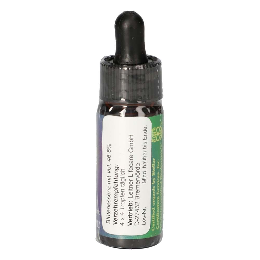 Kleine Glasflasche mit schwarzem Deckel und Pipette. Etikett mit Text: Blutenessenz mit Vol. 46.8%, Verzehrempfehlung, Vertrieb, Mind. haltbar bis Ende.