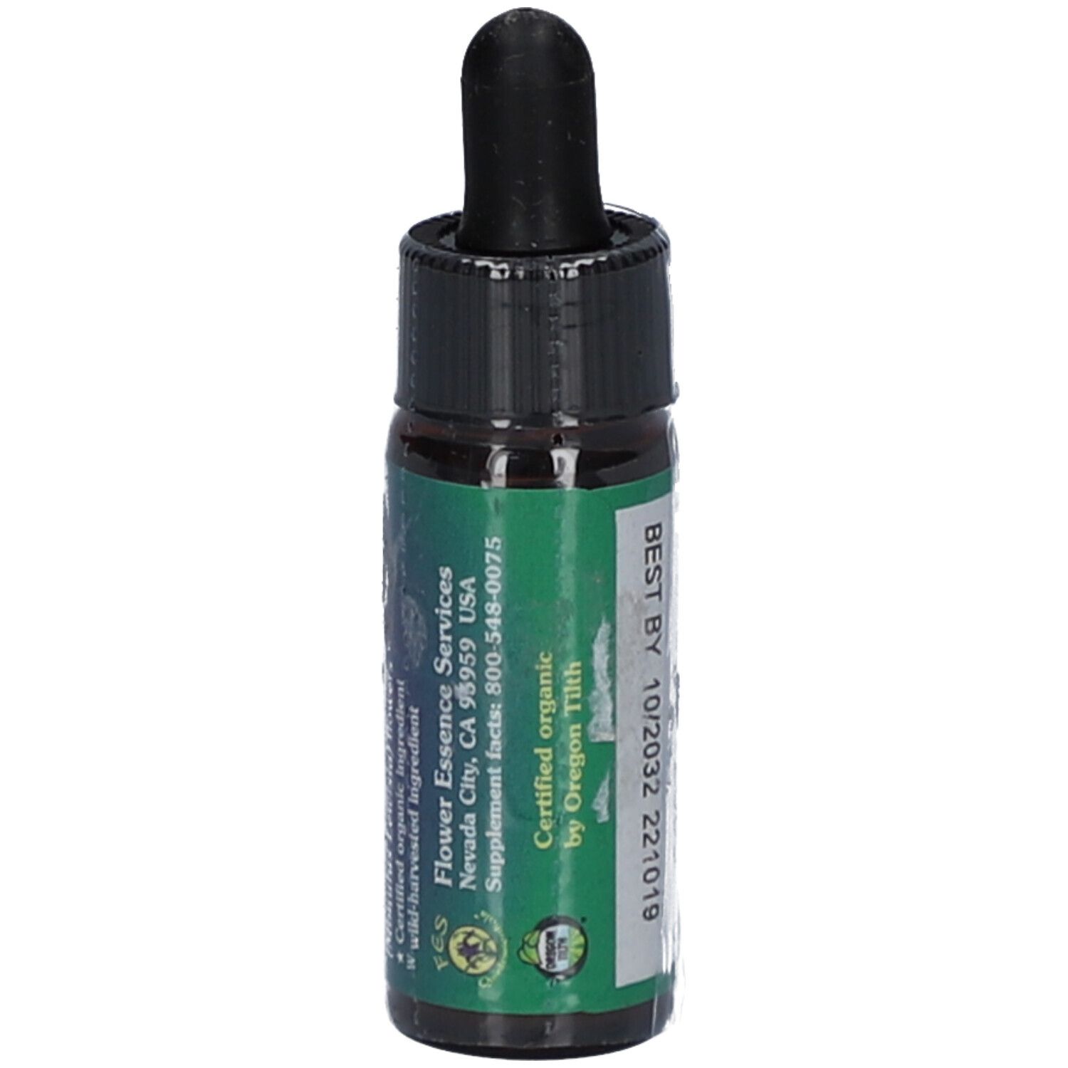 Braune Glasflasche mit schwarzem Deckel und Pipette. Etikett mit Text: Certified organic by Oregon Tilth.