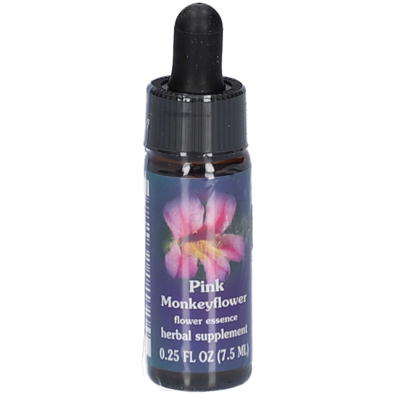 Braune Glasflasche mit schwarzem Deckel und Pipette. Etikett mit rosa Blume und Text: Pink Monkeyflower, flower essence, herbal supplement.