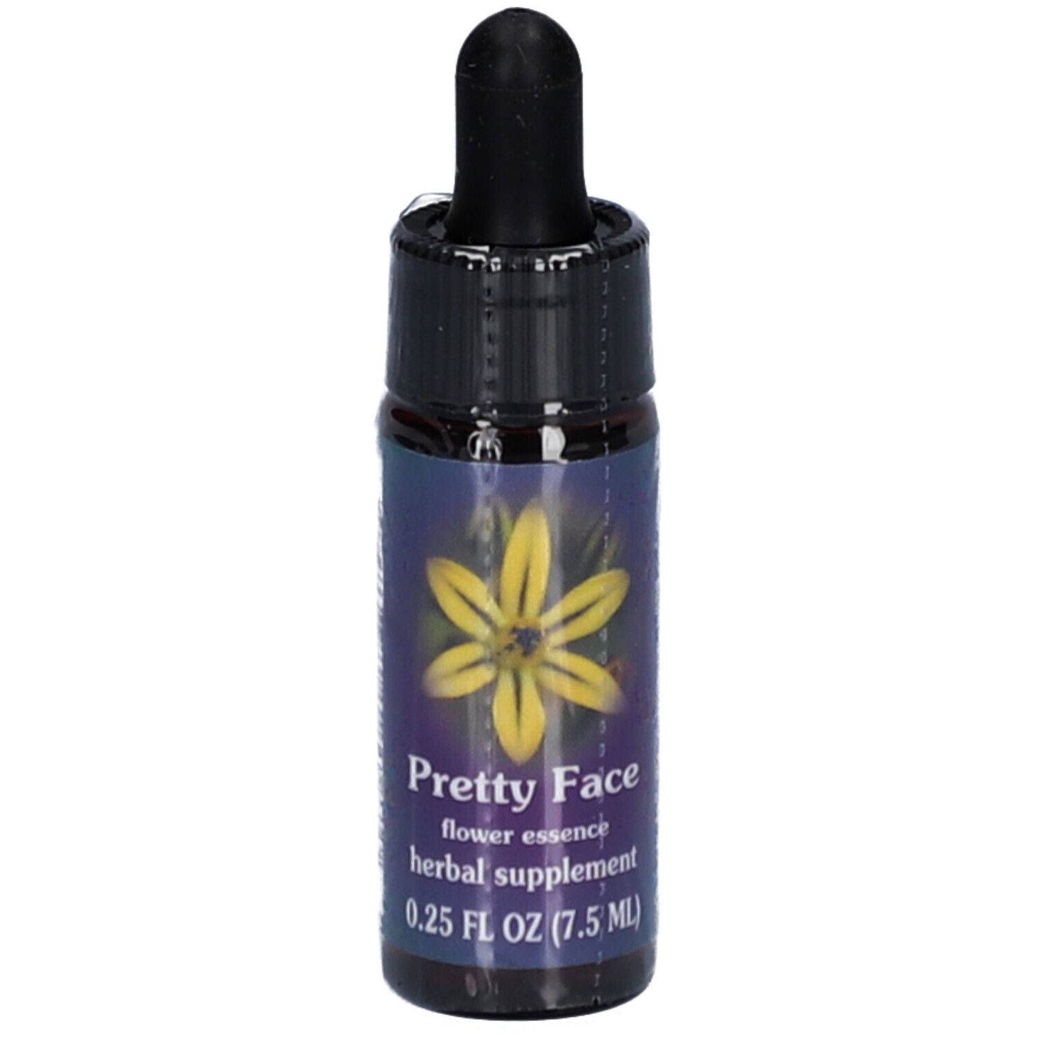 Braune Glasflasche mit schwarzem Verschluss und Pipette. Aufkleber mit gelber Blume und Text: Pretty Face, flower essence, herbal supplement.