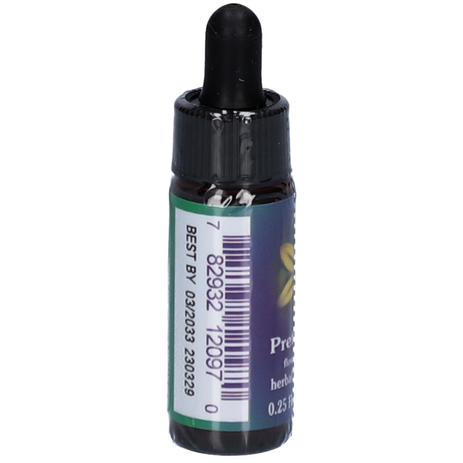 Braune Glasflasche mit schwarzem Verschluss und Pipette. Etikett mit Barcode und Text: BEST BY 03/2023 230329.
