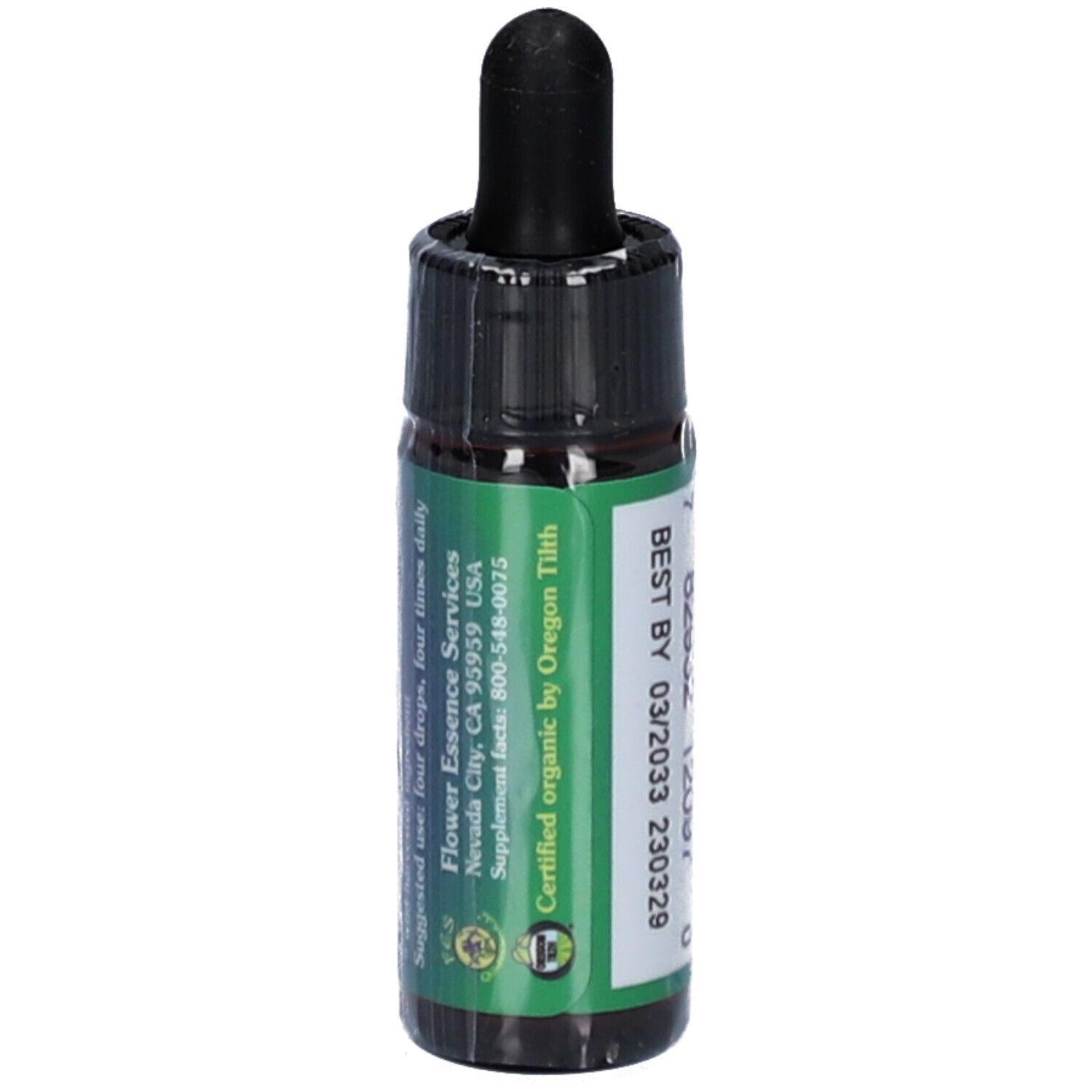 Braune Glasflasche mit schwarzem Verschluss und Pipette. Etikett mit Text: Certified organic by Oregon Tilth. BEST BY 03/2023 230329.