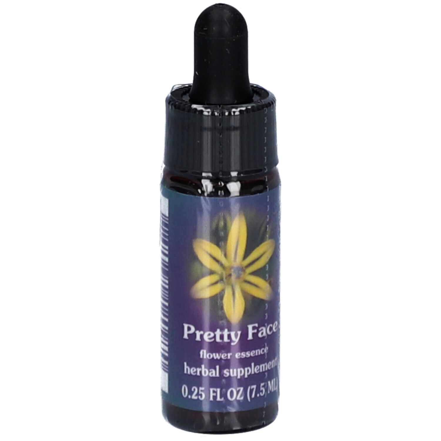 Braune Glasflasche mit schwarzem Verschluss und Pipette. Aufkleber mit gelber Blume und Text: Pretty Face, flower essence, herbal supplement.