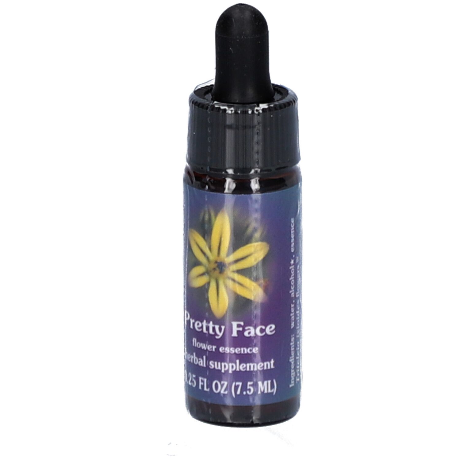 Braune Glasflasche mit schwarzem Verschluss und Pipette. Aufkleber mit gelber Blume und Text: Pretty Face, flower essence, herbal supplement.