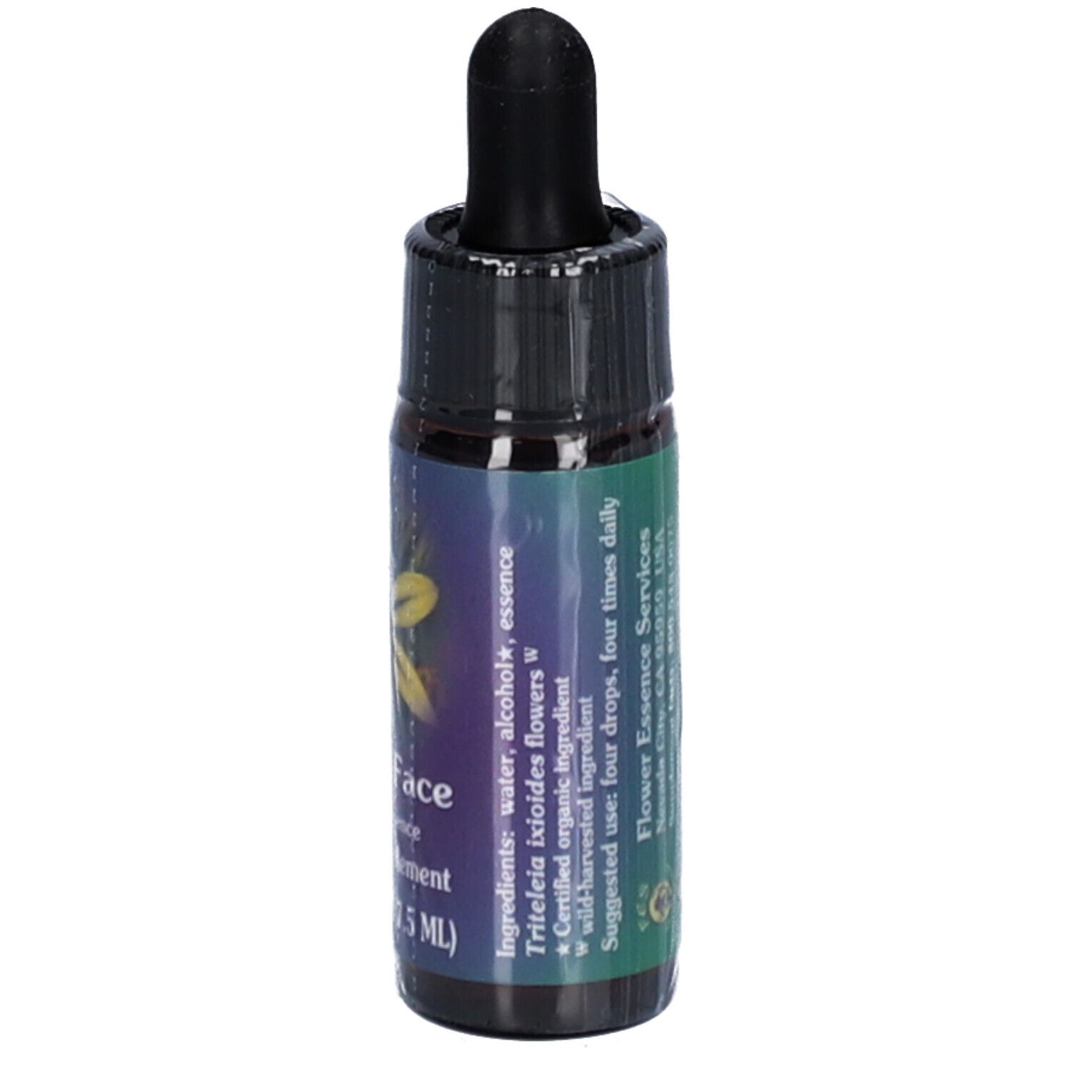 Braune Glasflasche mit schwarzem Verschluss und Pipette. Etikett mit Text: Pretty Face, flower essence, herbal supplement. Zutatenliste.
