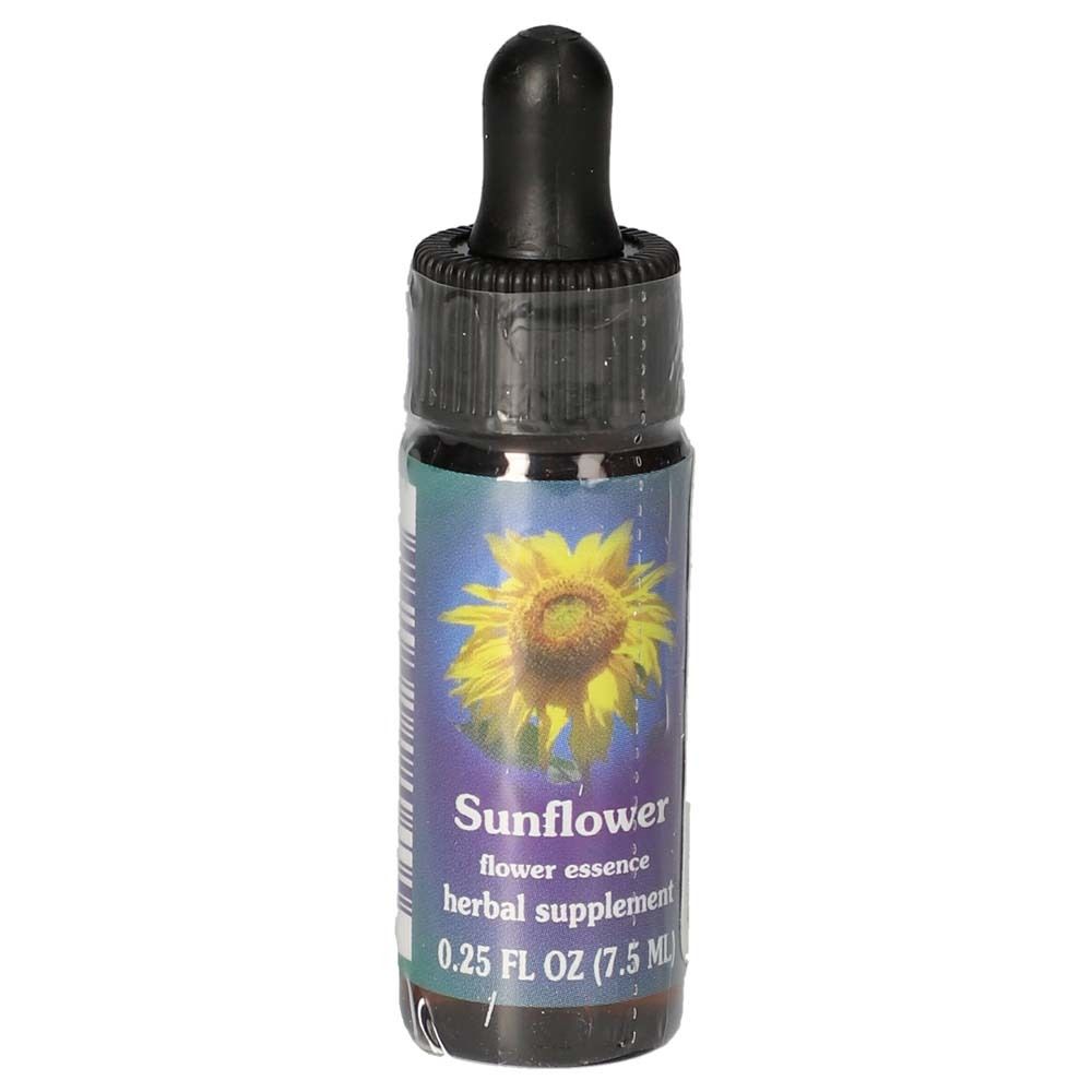 Kleine braune Glasflasche mit schwarzem Tropfer. Etikett mit Sonnenblumen-Illustration und Text: Sunflower, flower essence, herbal supplement.