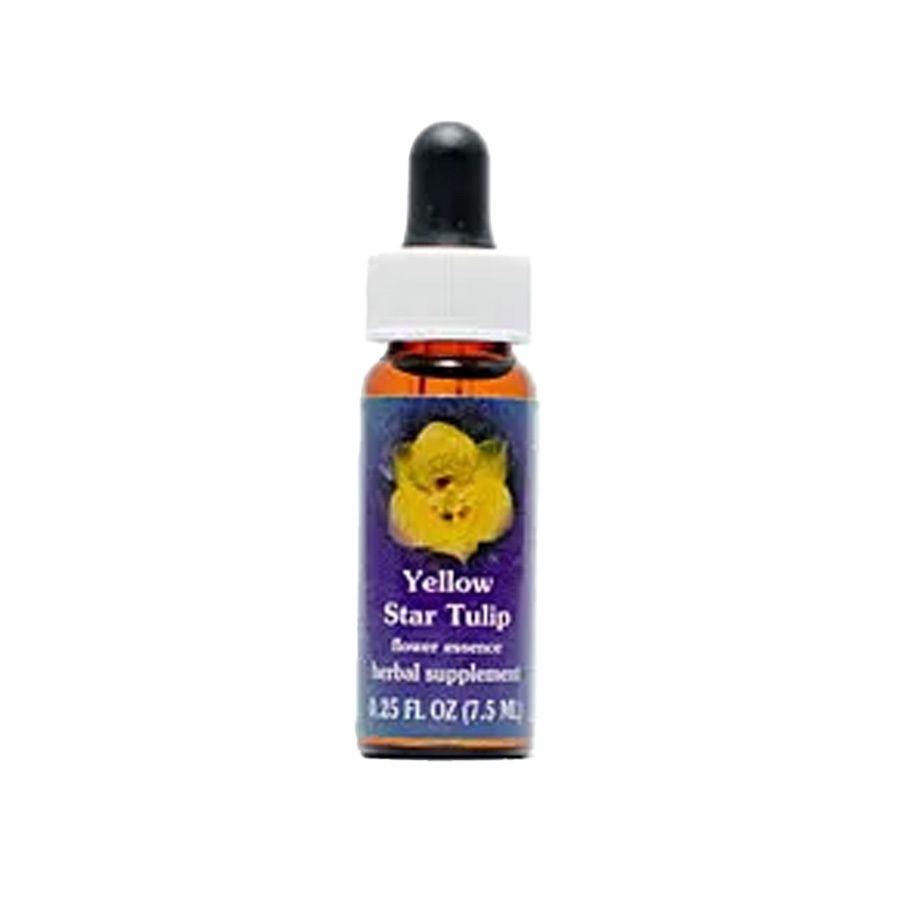 Braune Glasflasche mit schwarzem Tropfer. Auf dem Etikett: gelbe Blume, Text "Yellow Star Tulip", "flower essence", "herbal supplement".