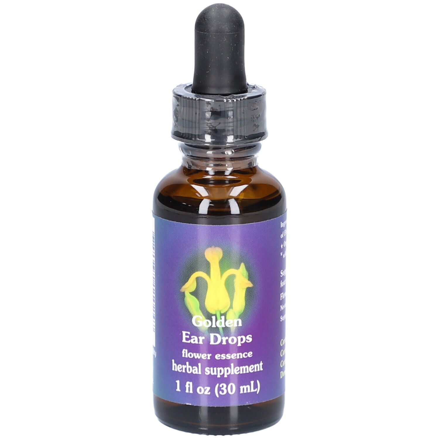 Braune Glasflasche mit schwarzem Tropfer. Etikett mit Produktnamen, floralem Design und Inhaltsangaben. 1 fl oz (30 ml).