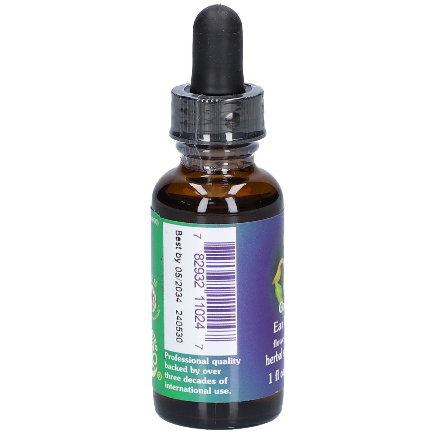 Braune Glasflasche mit schwarzem Tropfer. Etikett mit Barcode, Produktinformationen und Haltbarkeitsdatum. Siegel.